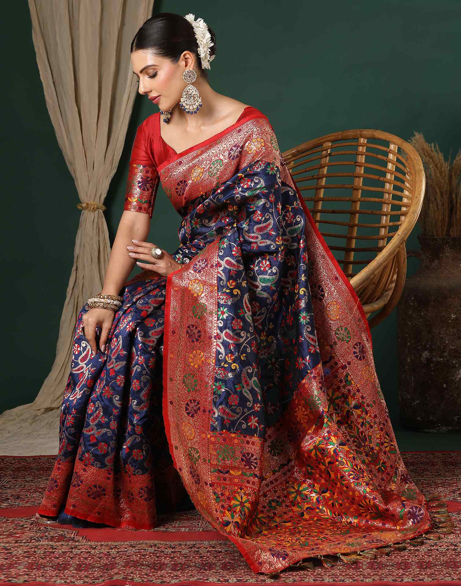 Navy Blue Silk Woven Banarasi Saree