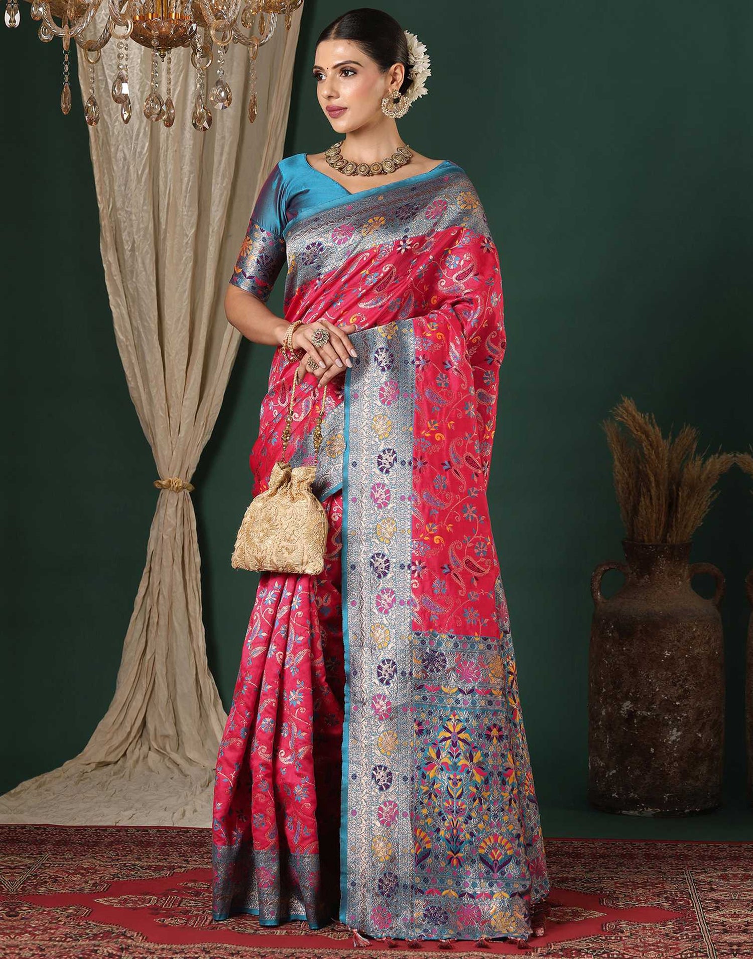 Bright Pink Silk Woven Banarasi Saree