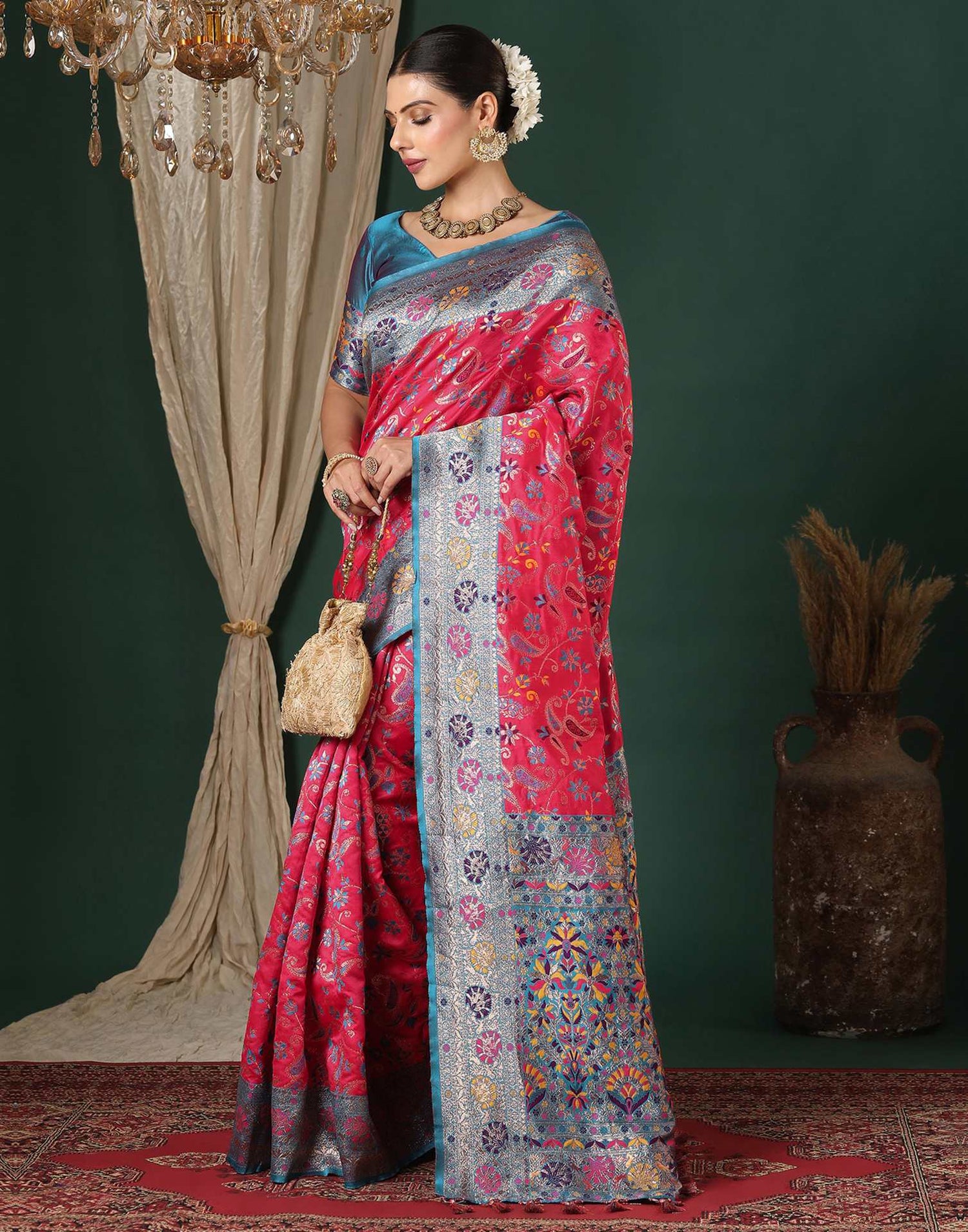 Bright Pink Silk Woven Banarasi Saree