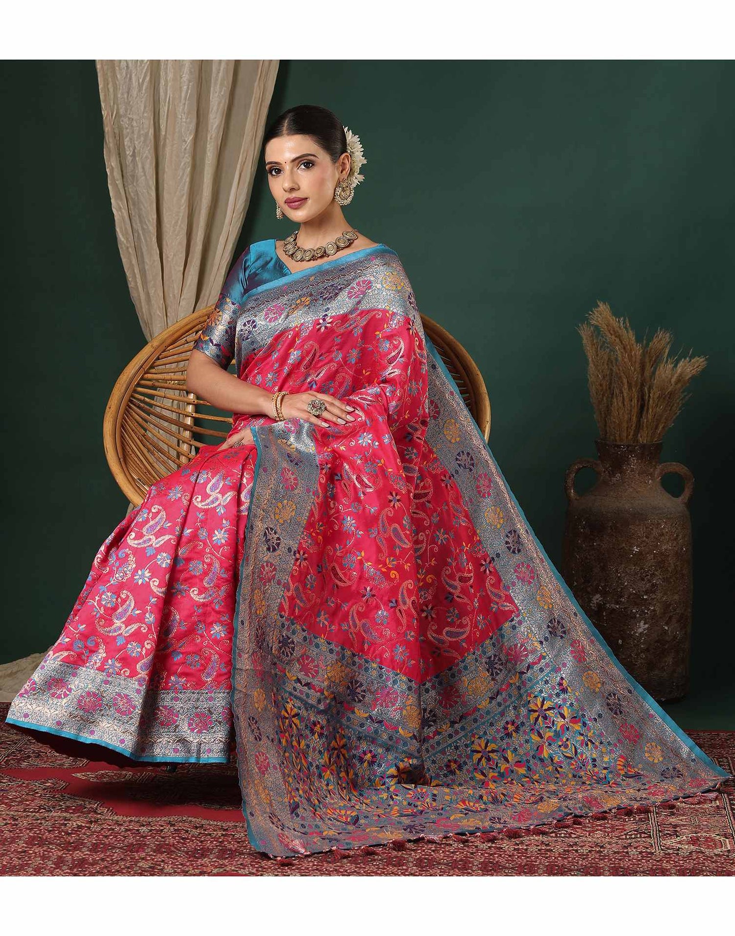 Bright Pink Silk Woven Banarasi Saree