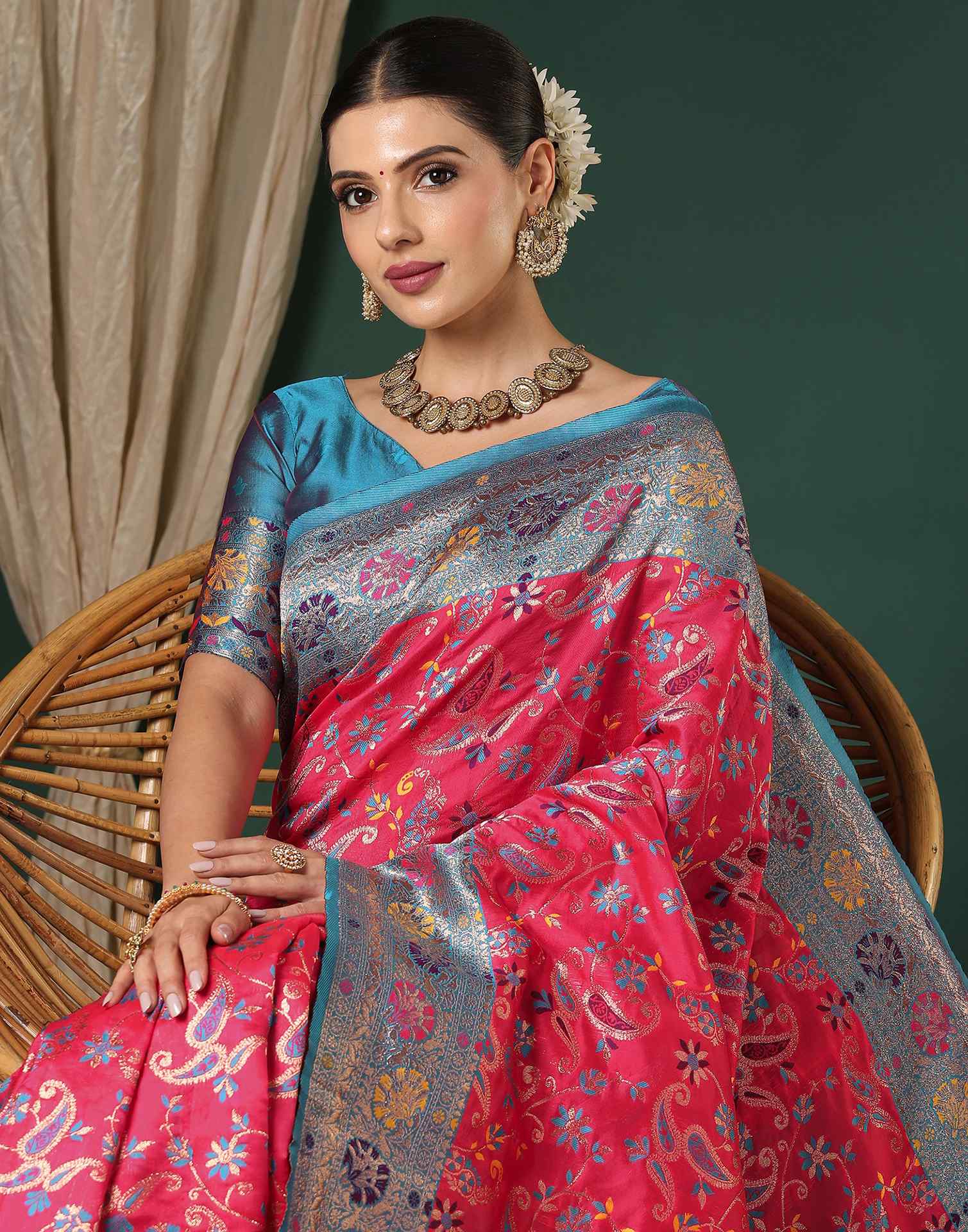 Bright Pink Silk Woven Banarasi Saree