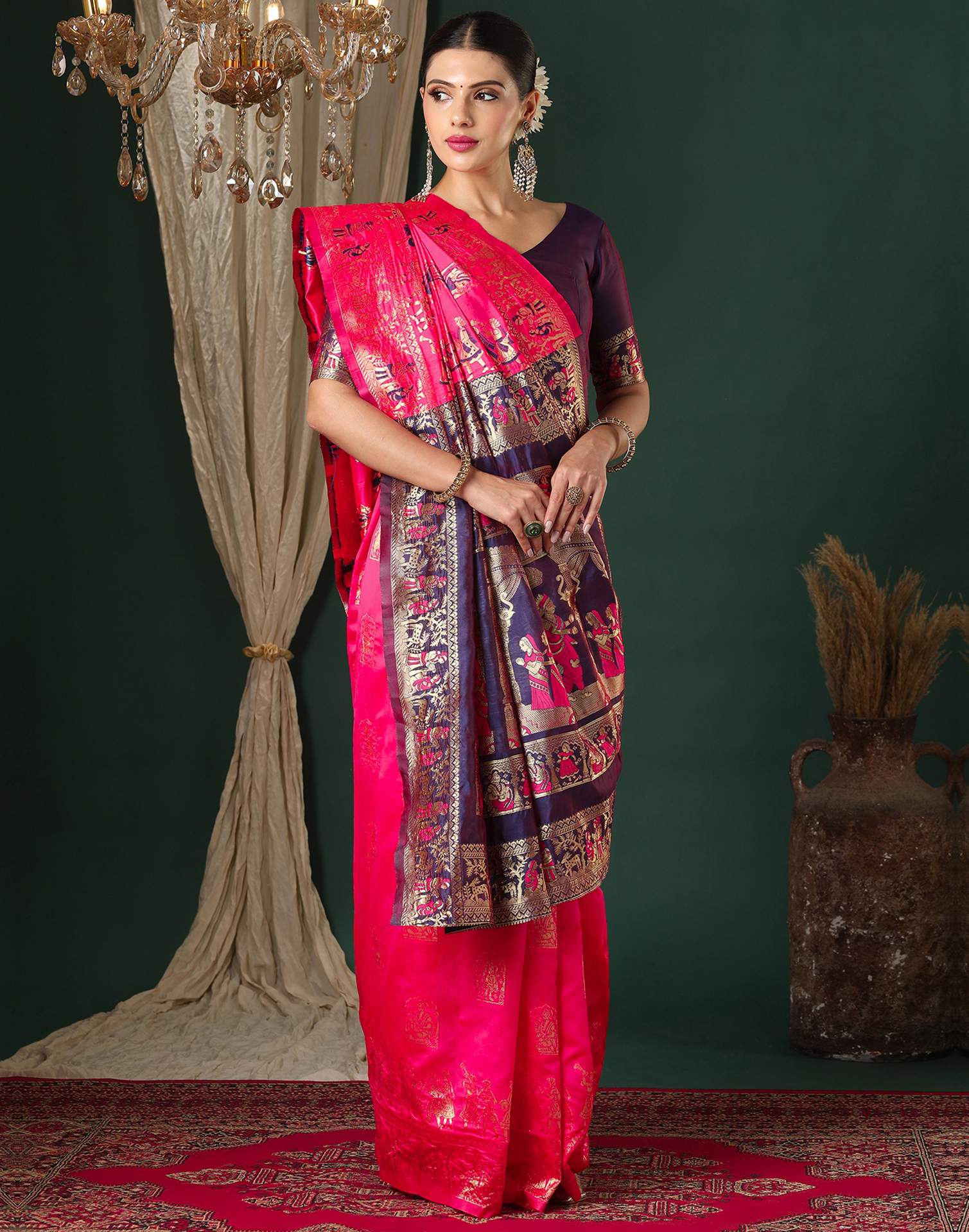 Bright Pink Silk Woven Banarasi Saree