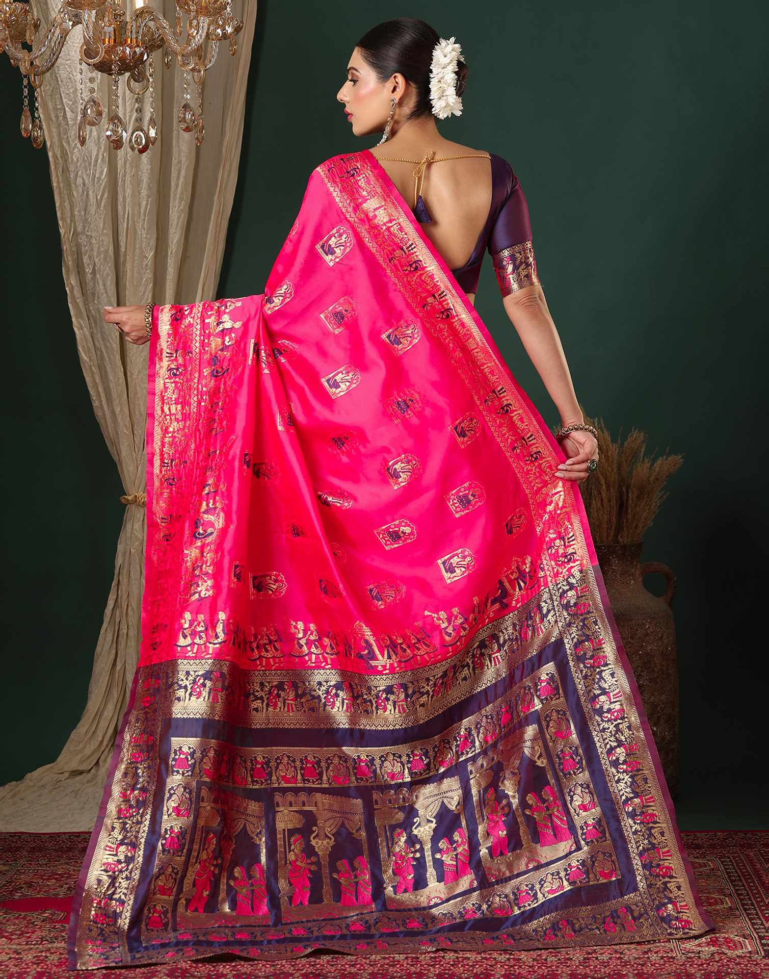 Bright Pink Silk Woven Banarasi Saree