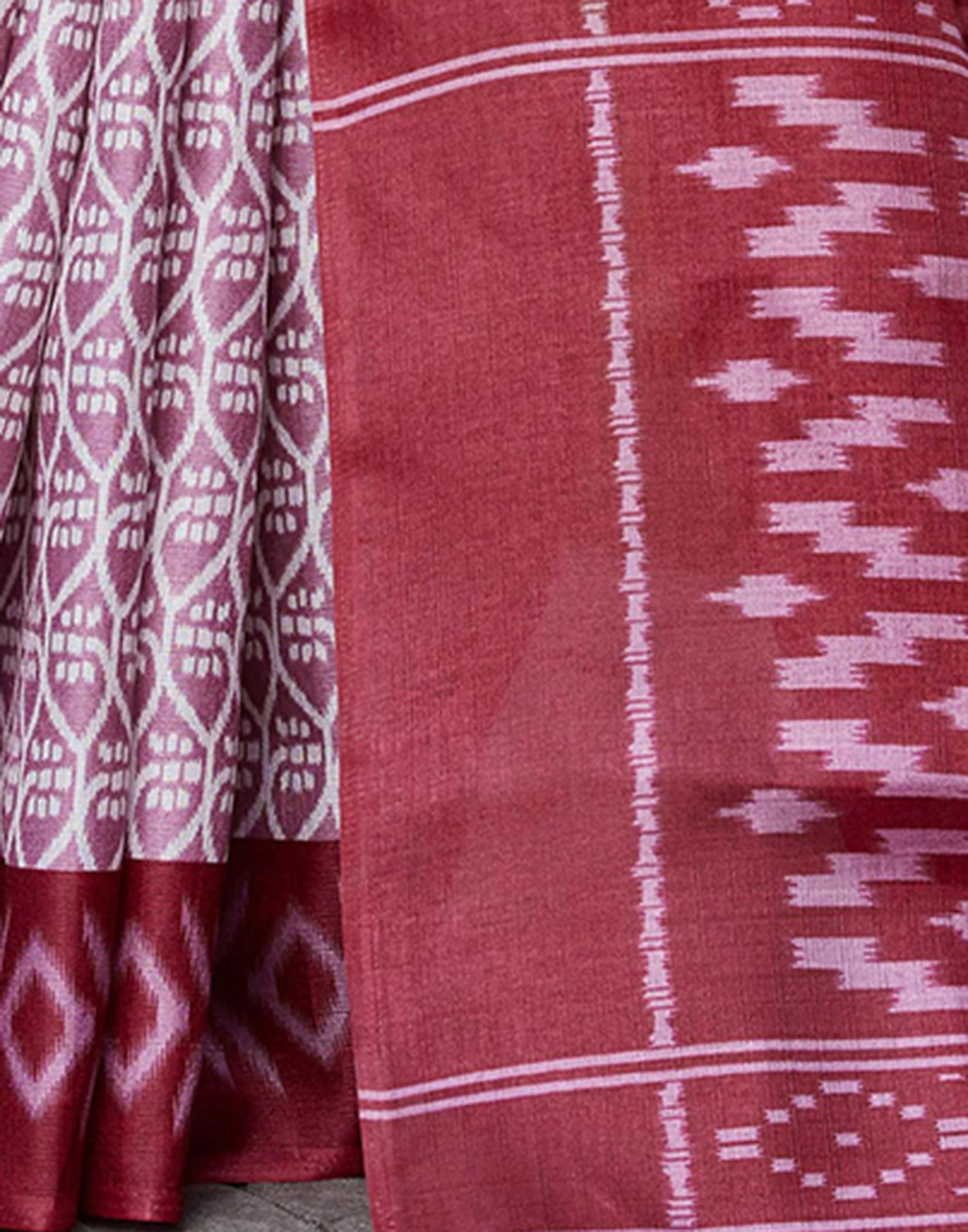 Rose Pink Cotton Blend Ikkat Printed Saree