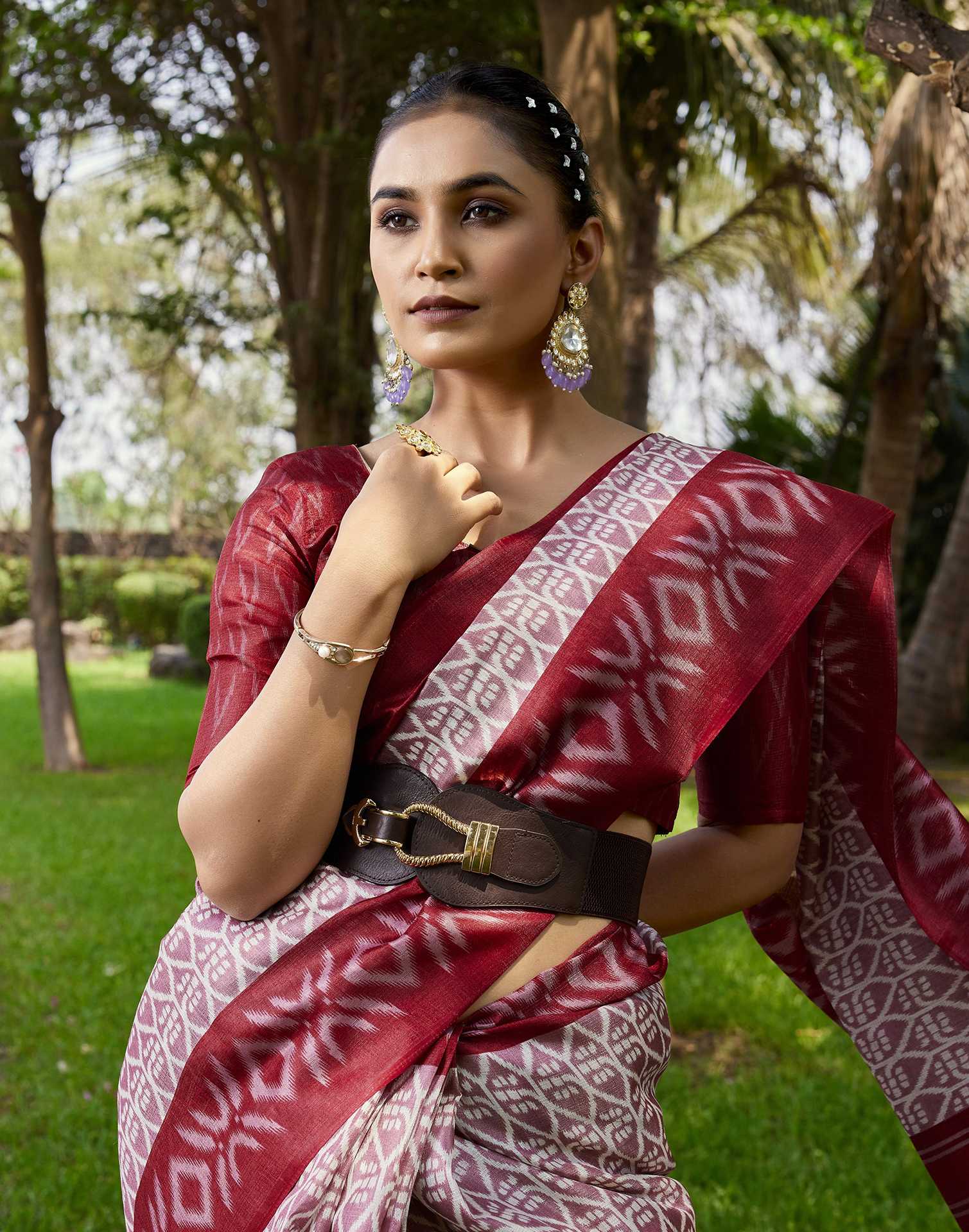 Rose Pink Cotton Blend Ikkat Printed Saree