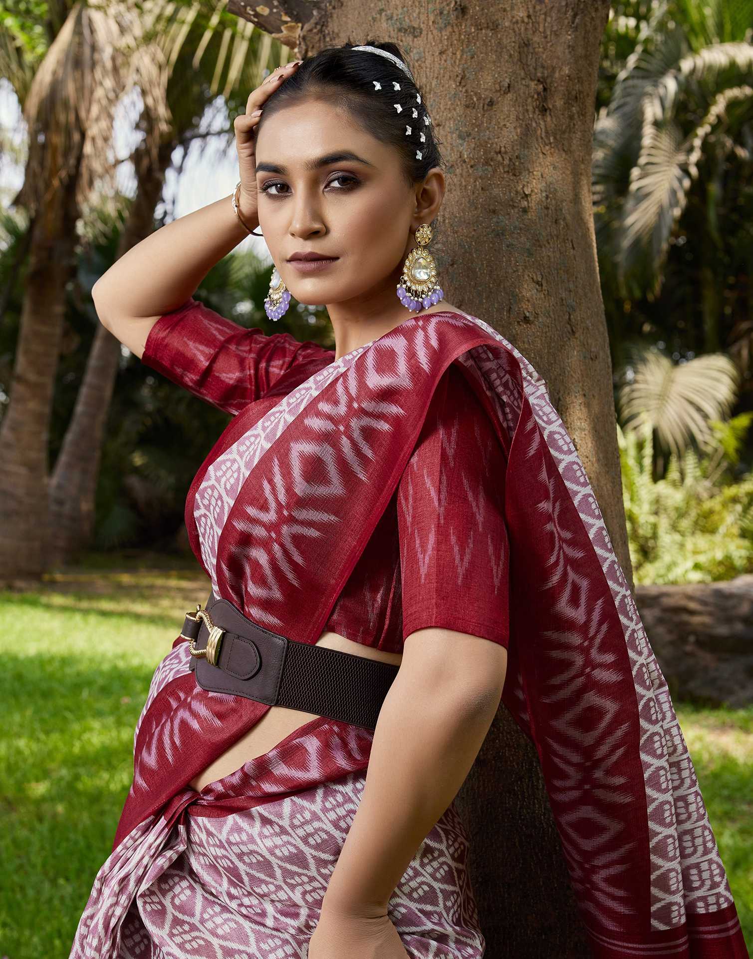 Rose Pink Cotton Blend Ikkat Printed Saree