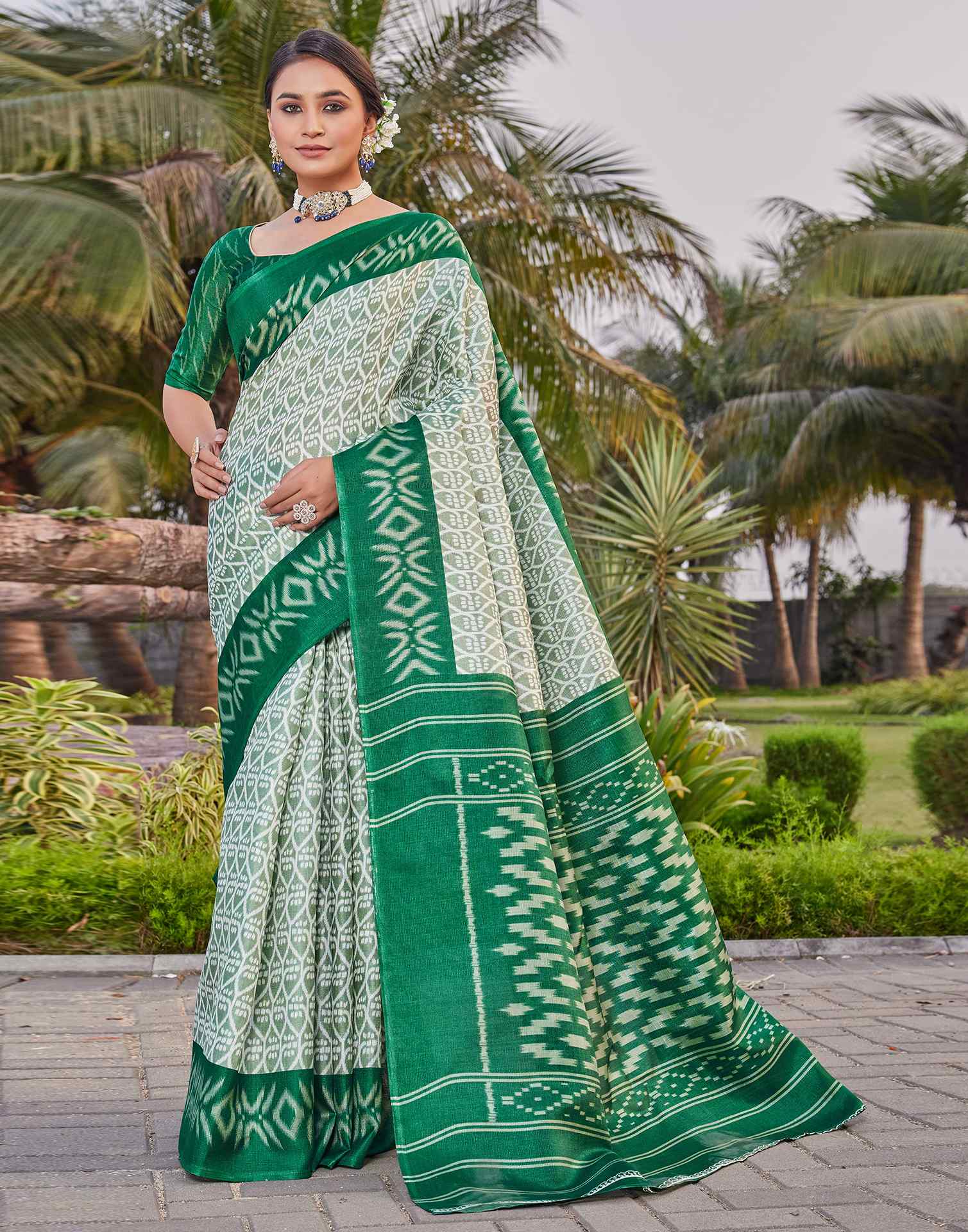Green Cotton Blend Ikkat Printed Saree