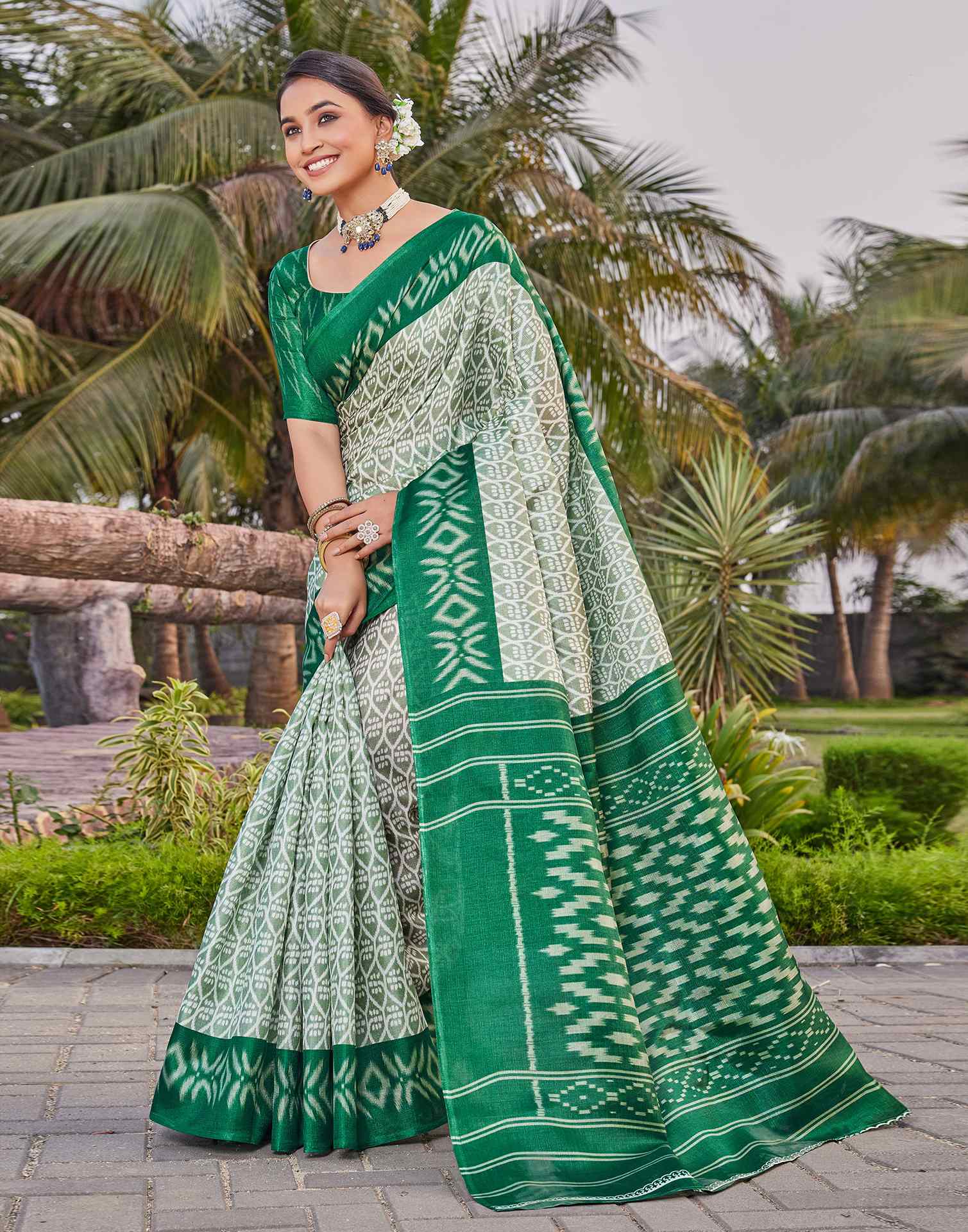 Green Cotton Blend Ikkat Printed Saree