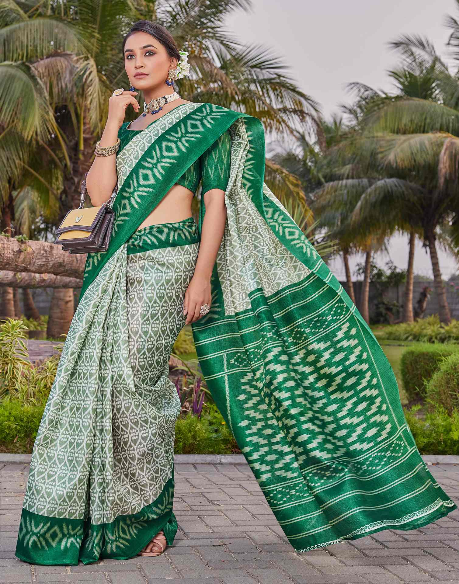 Green Cotton Blend Ikkat Printed Saree