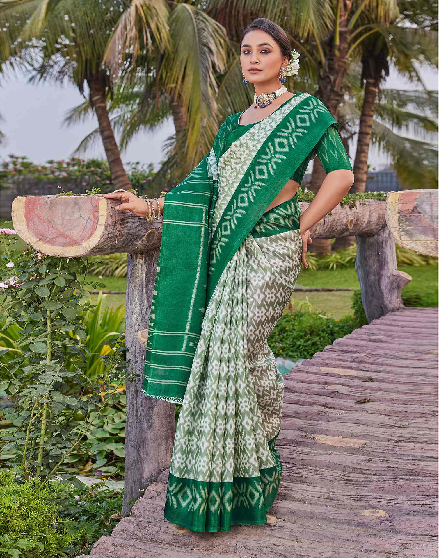 Green Cotton Blend Ikkat Printed Saree