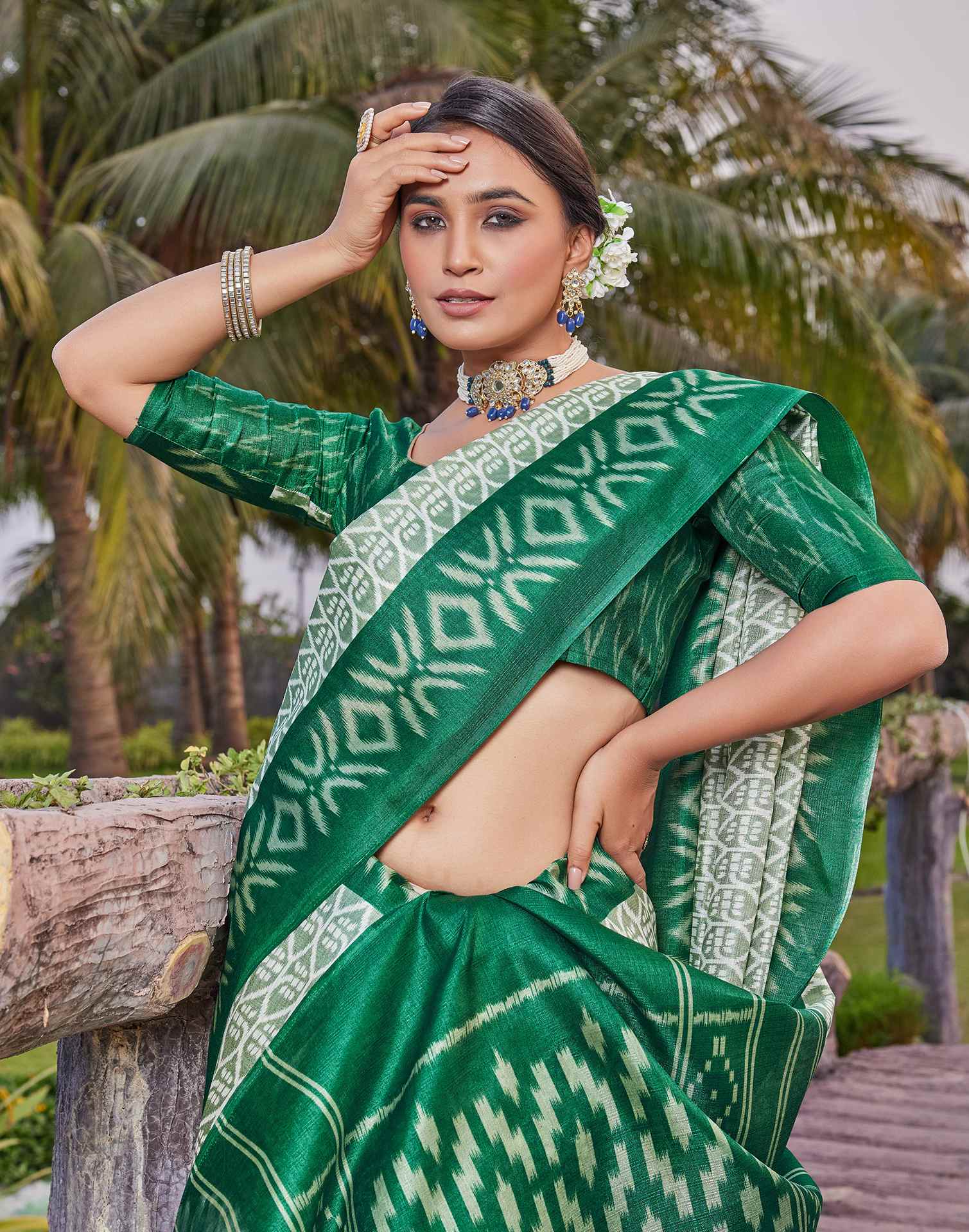 Green Cotton Blend Ikkat Printed Saree