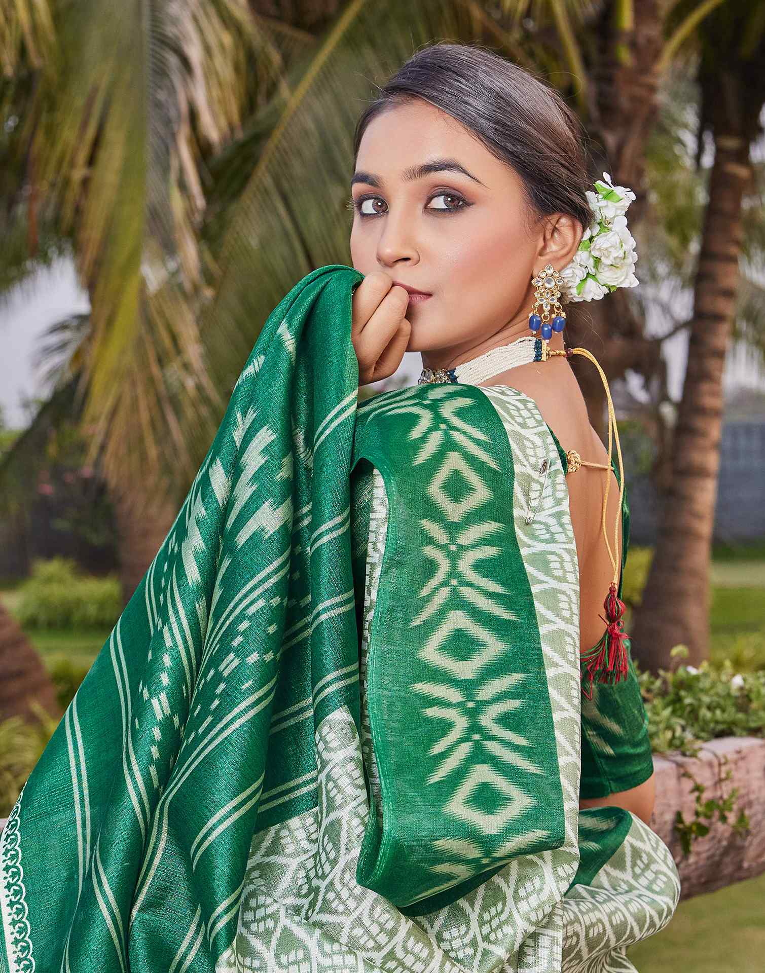Green Cotton Blend Ikkat Printed Saree