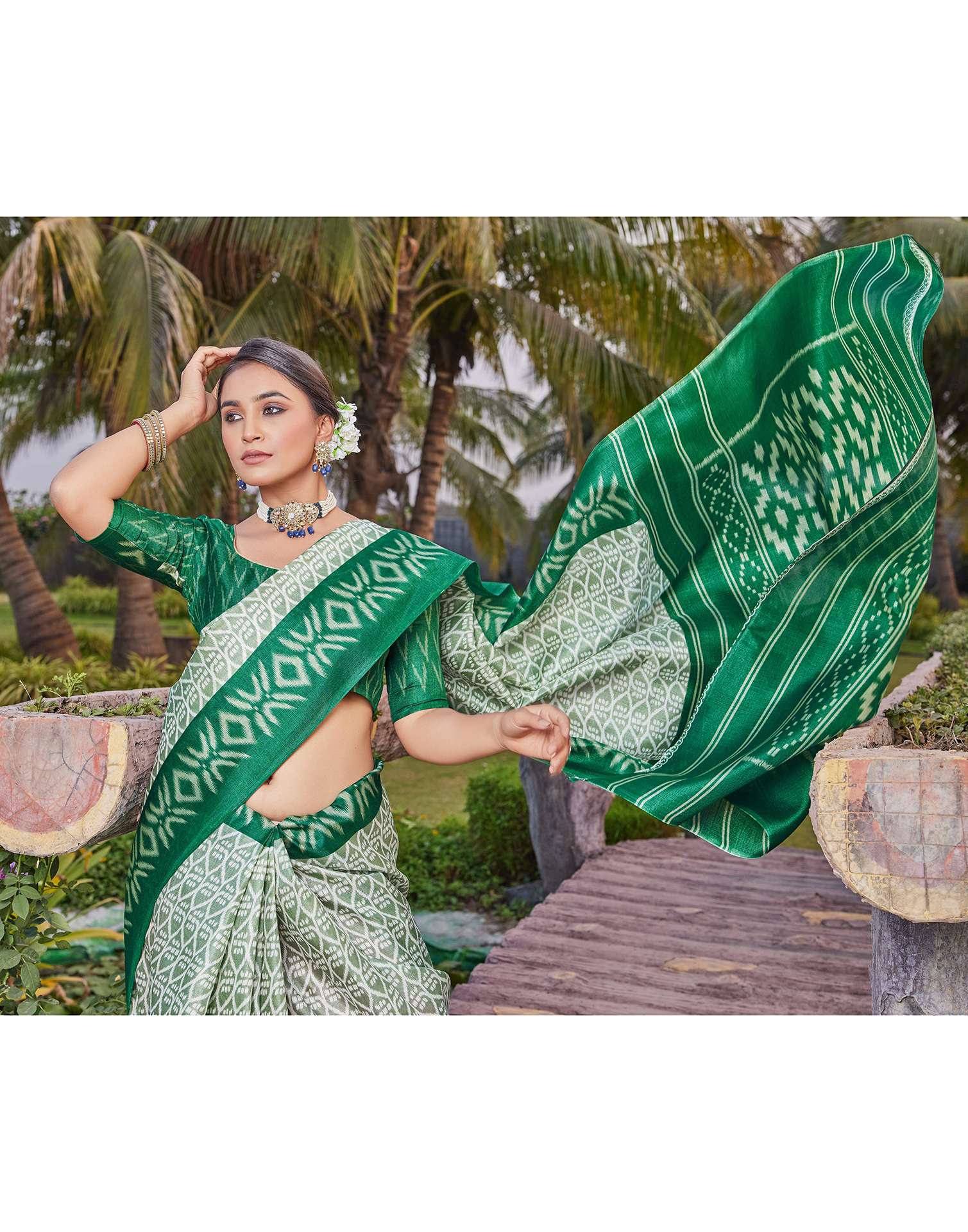 Green Cotton Blend Ikkat Printed Saree