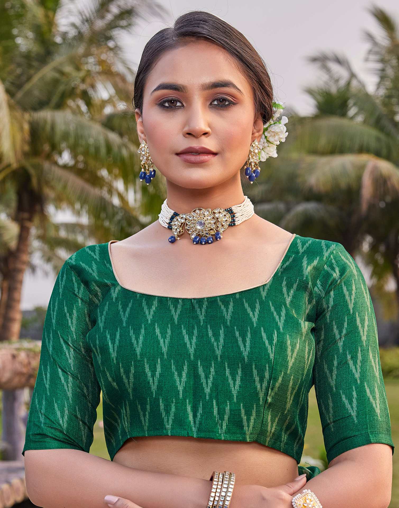 Green Cotton Blend Ikkat Printed Saree