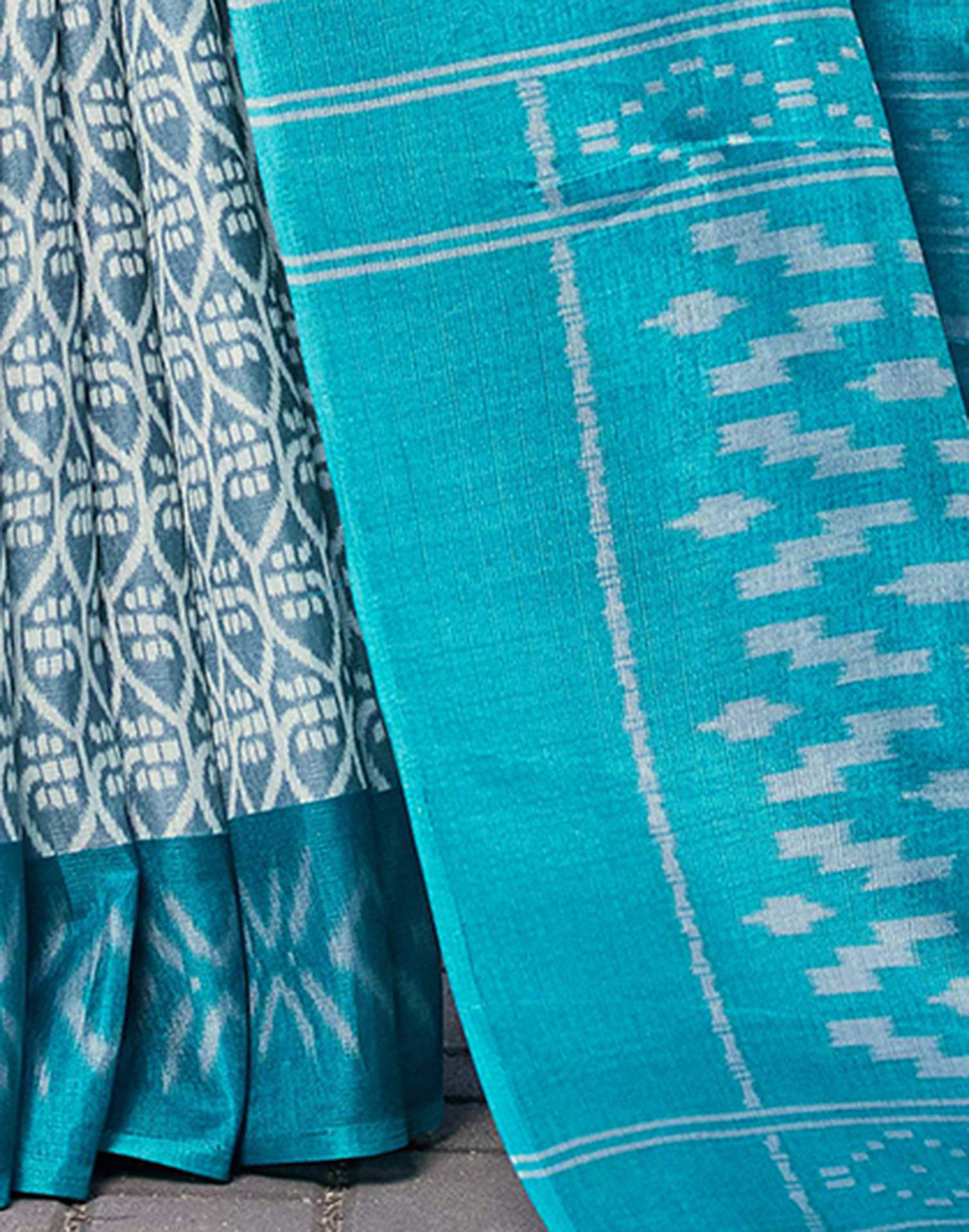 Grey Cotton Blend Ikkat Printed Saree