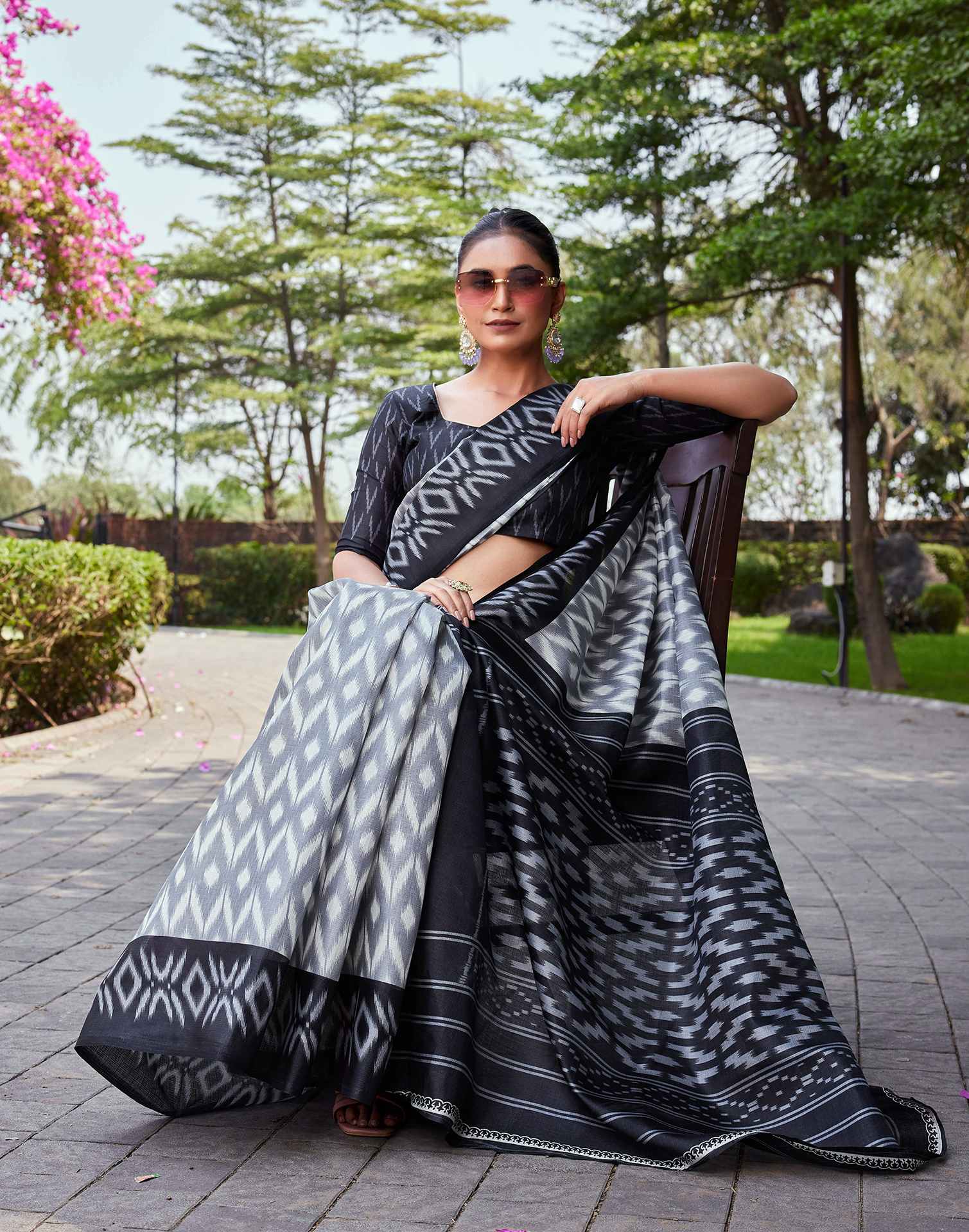 Grey Cotton Blend Ikkat Printed Saree