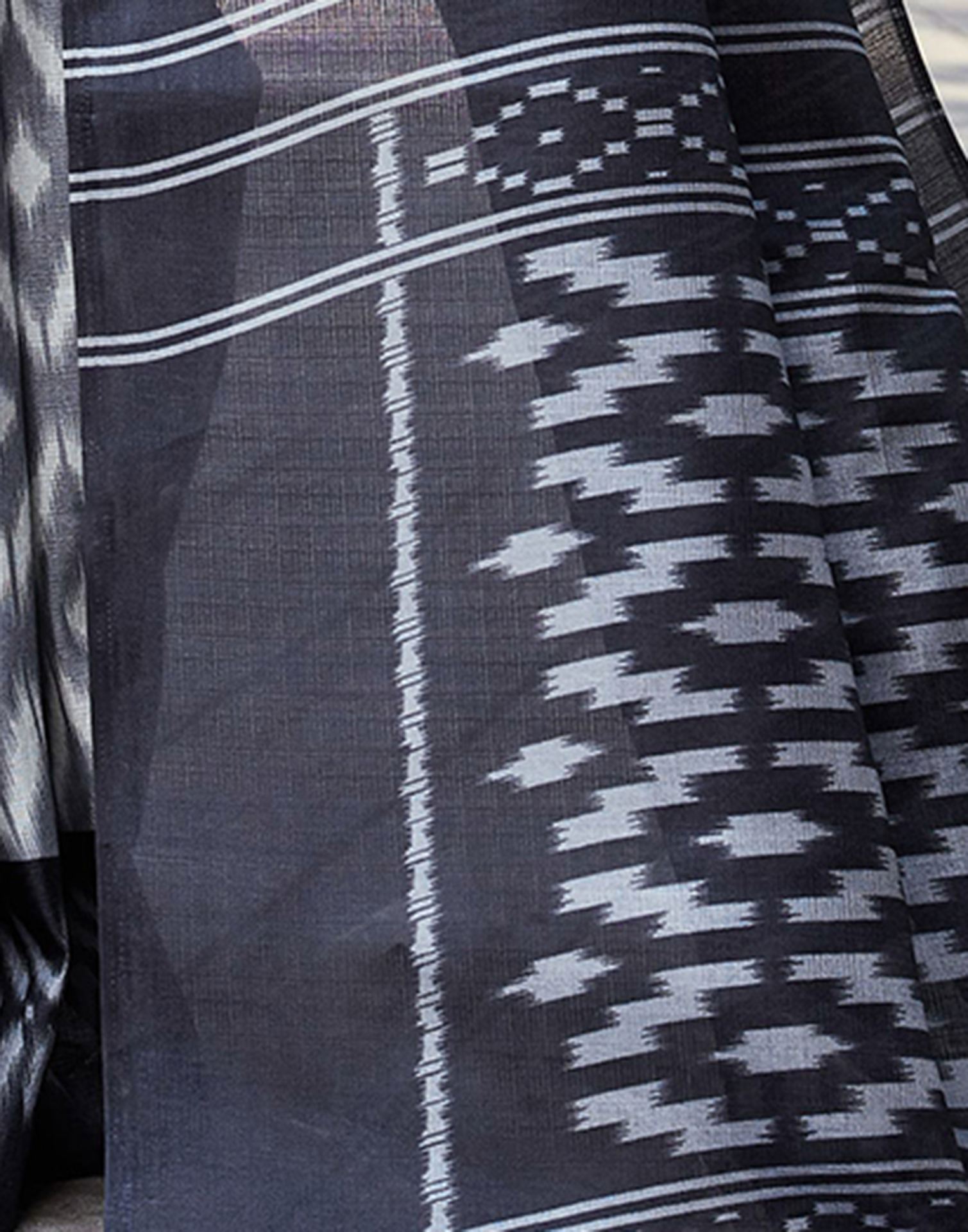 Grey Cotton Blend Ikkat Printed Saree