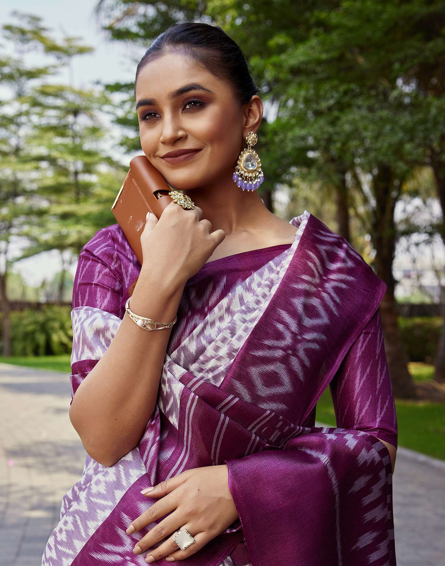 Mauve Cotton Blend Ikkat Printed Saree