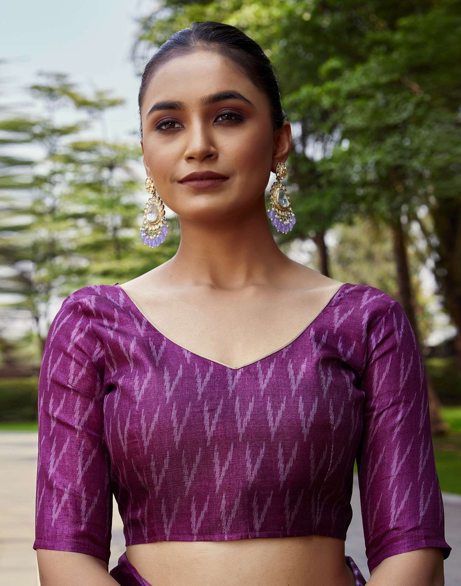 Mauve Cotton Blend Ikkat Printed Saree