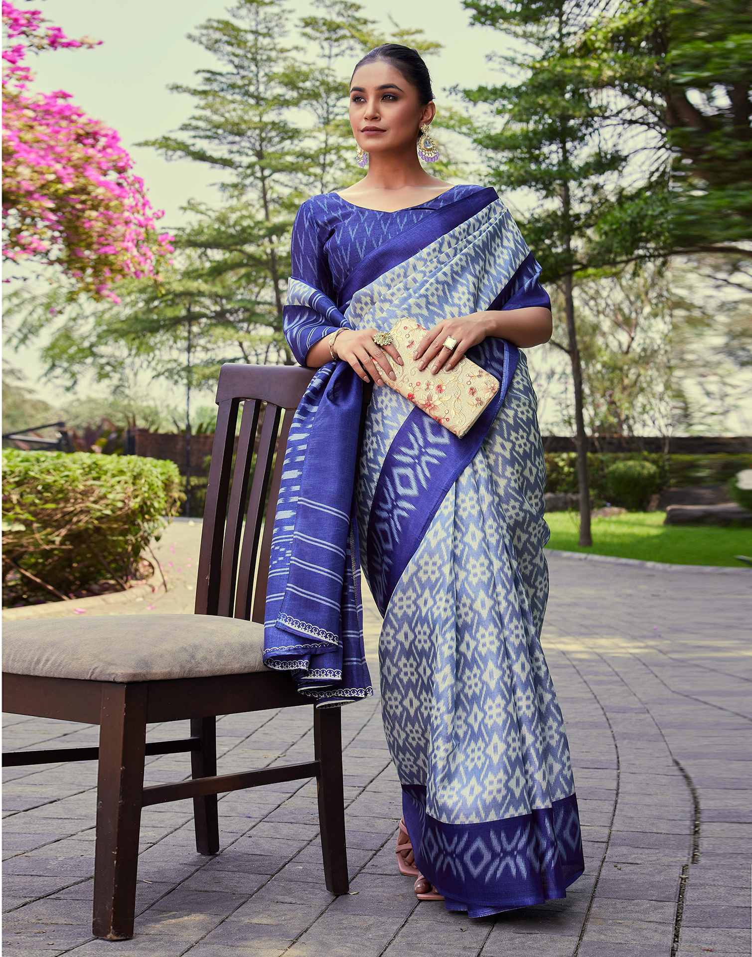 Dusty Blue Cotton Blend Ikkat Printed Saree