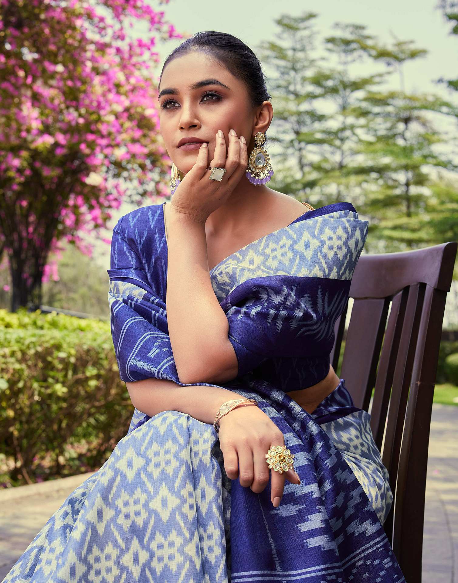 Dusty Blue Cotton Blend Ikkat Printed Saree