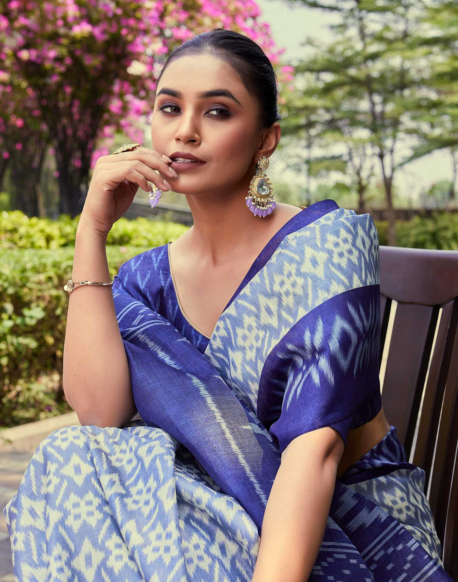 Dusty Blue Cotton Blend Ikkat Printed Saree