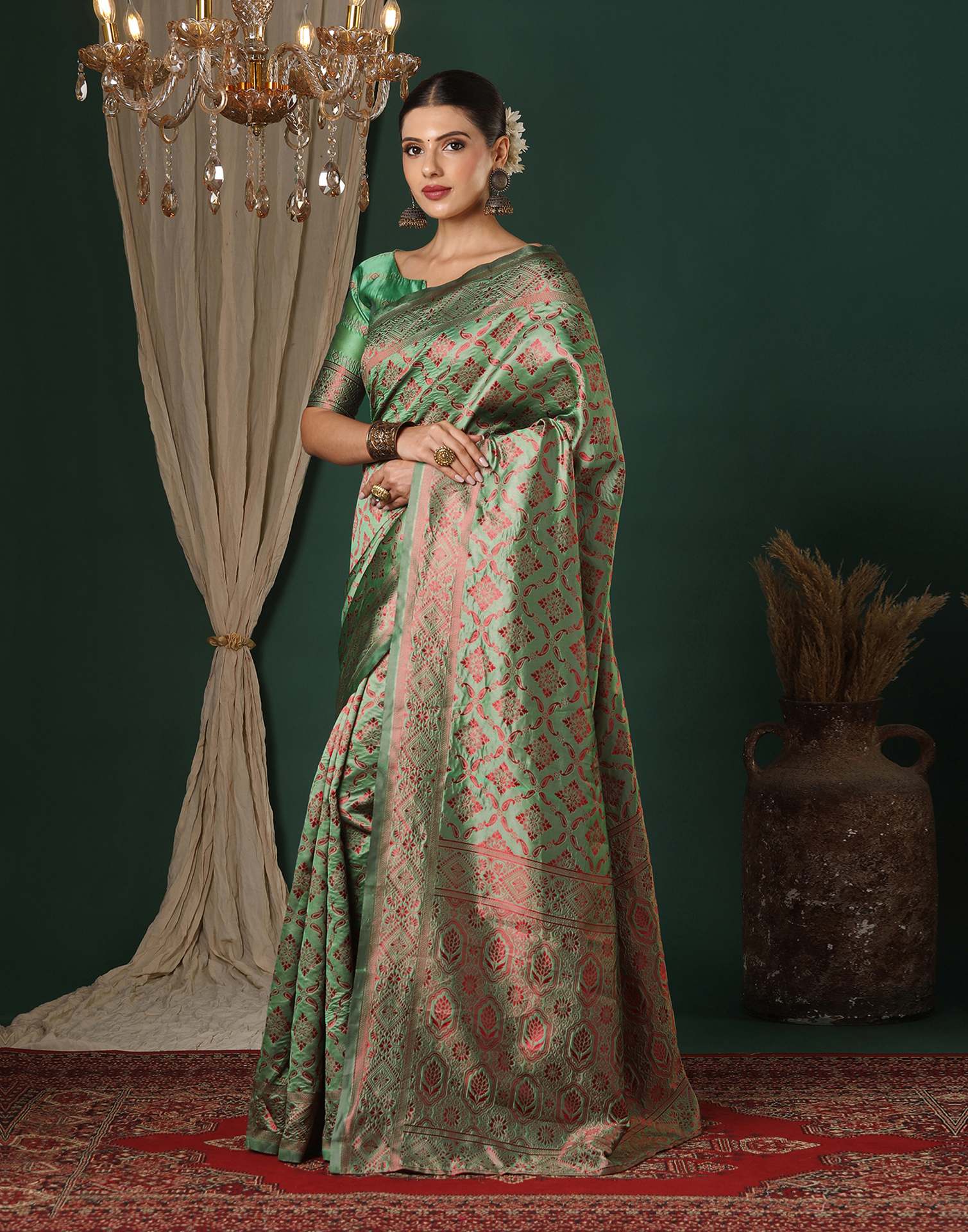 Dusty Green Silk Woven Saree