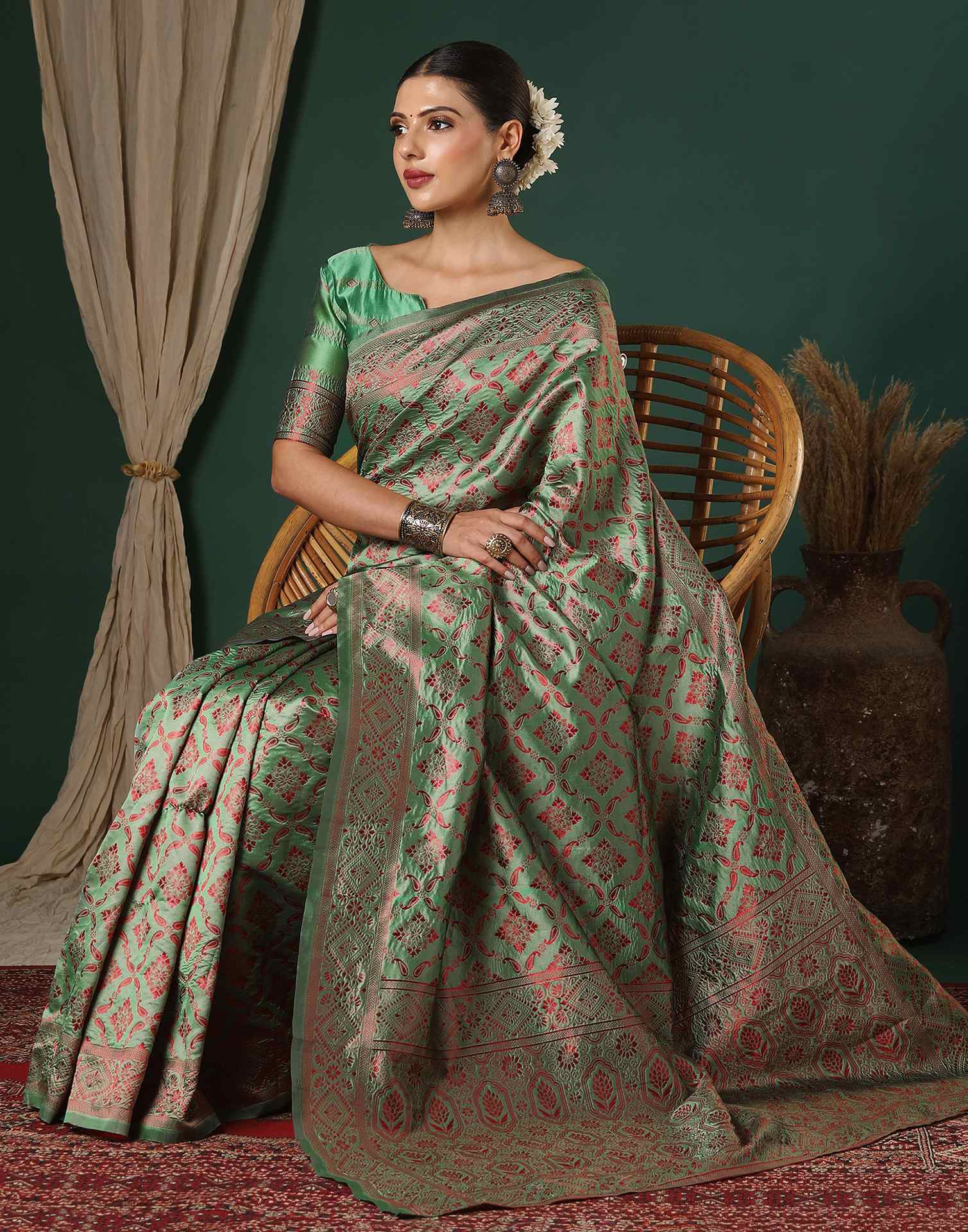 Dusty Green Silk Woven Saree