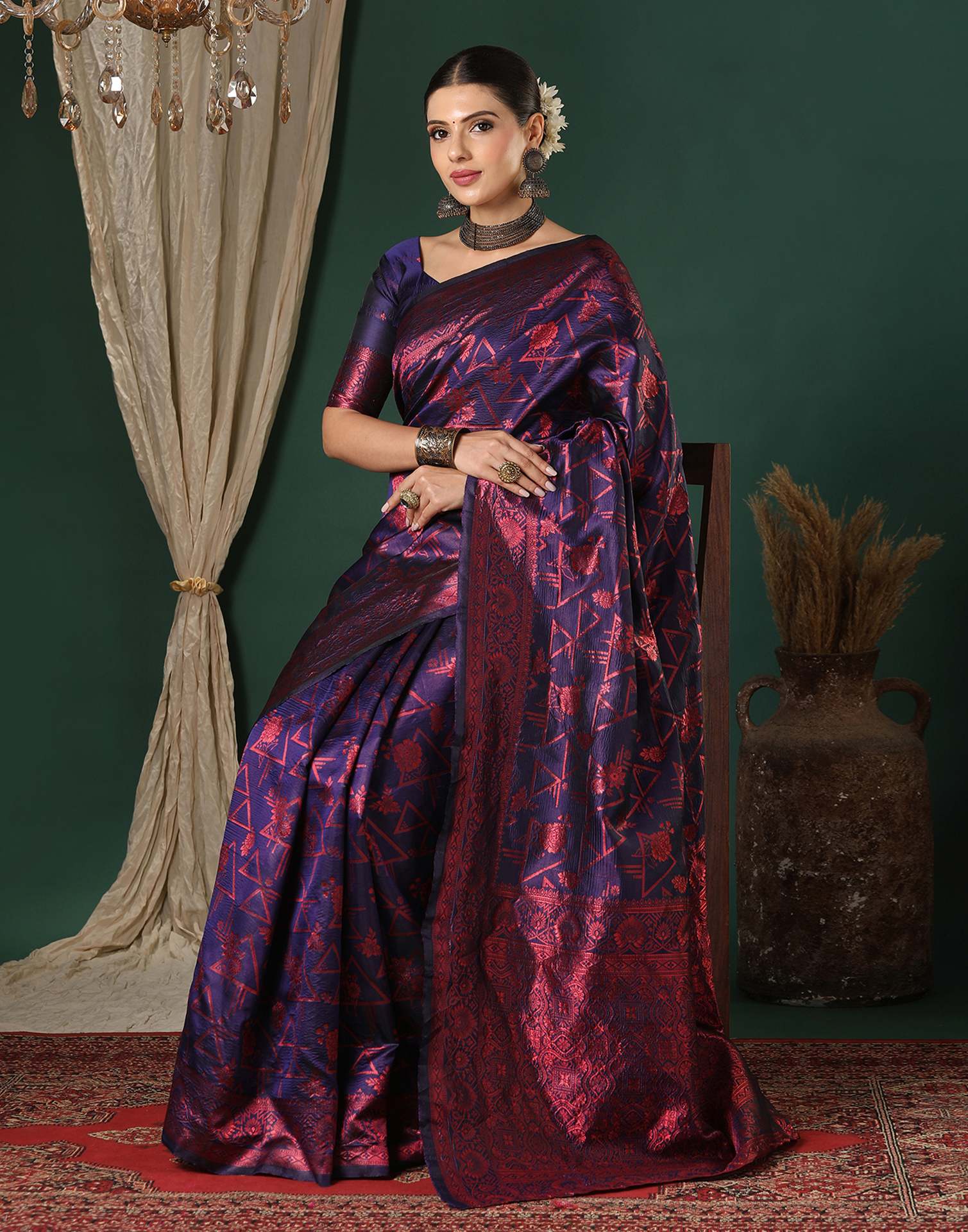 Navy Blue Silk Woven Saree