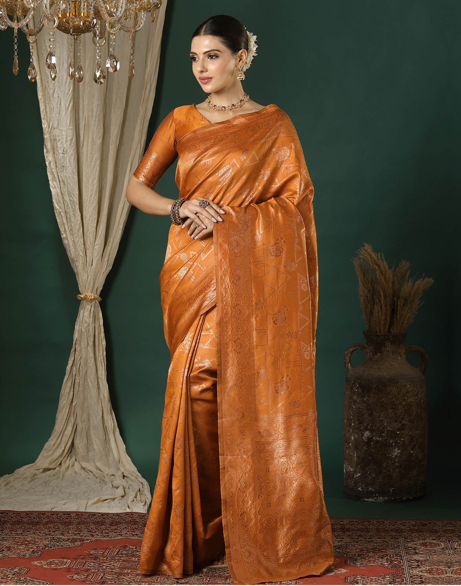 Dusty Orange Silk Woven Saree
