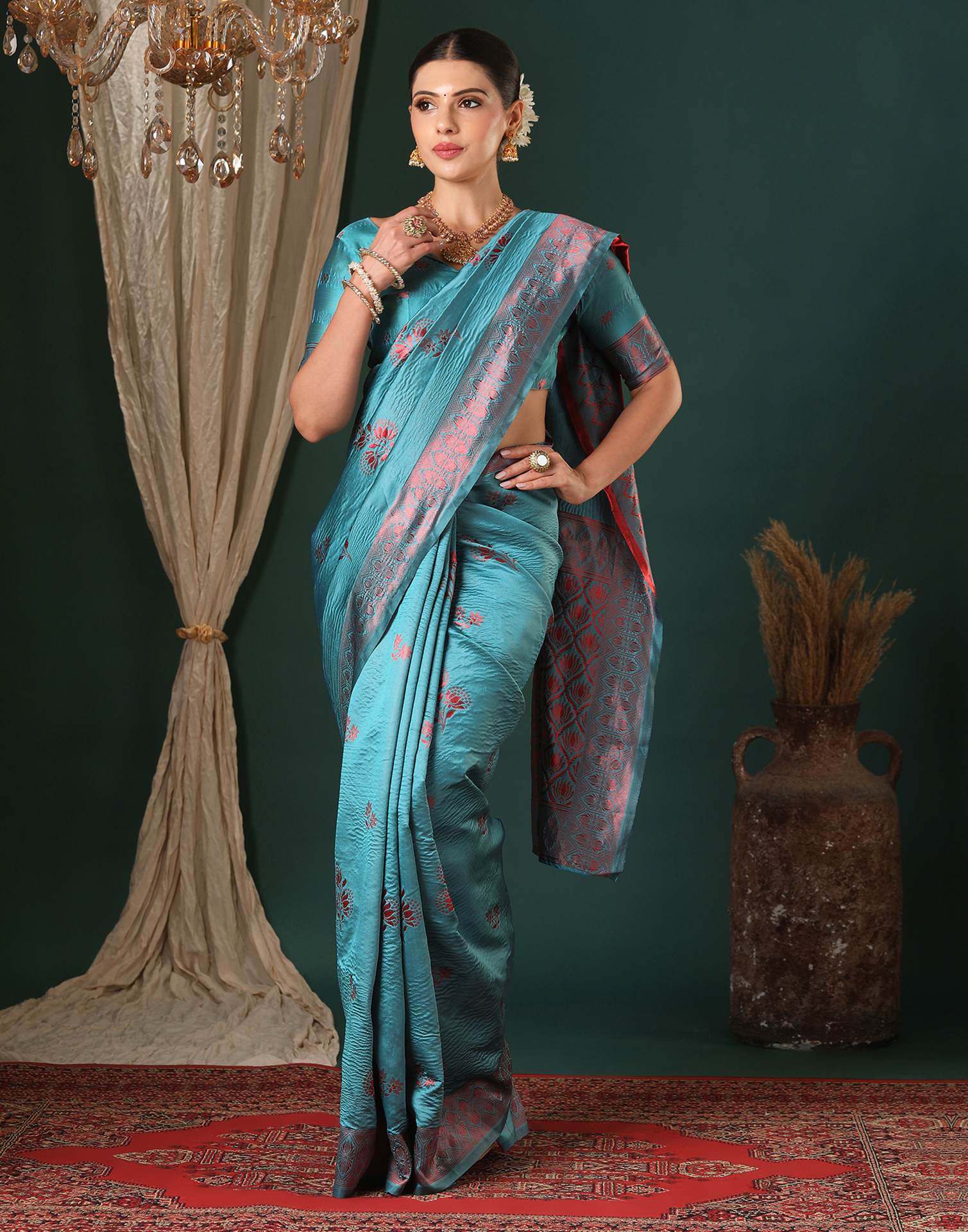 Teal Blue Silk Woven Saree