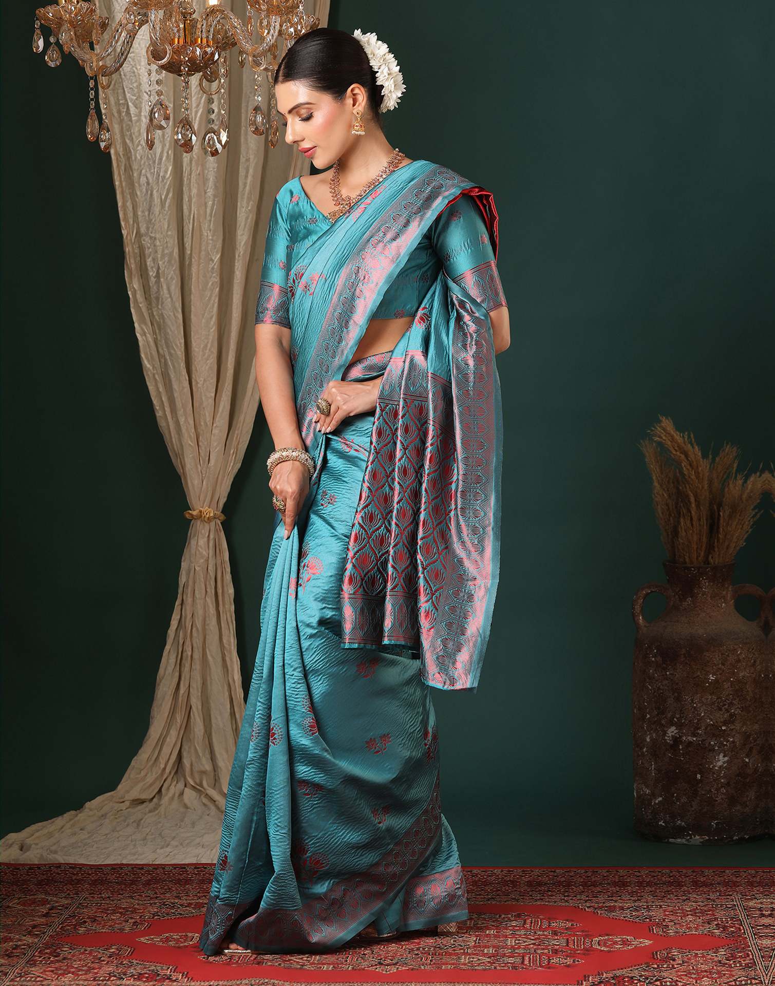 Teal Blue Silk Woven Saree