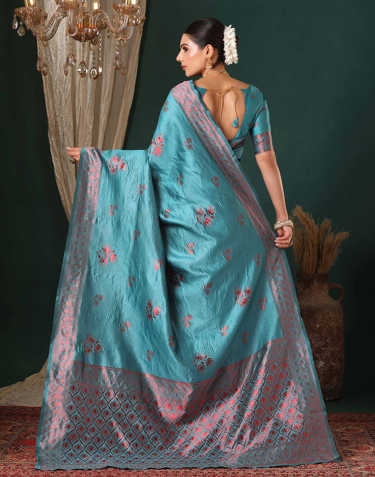 Teal Blue Silk Woven Saree