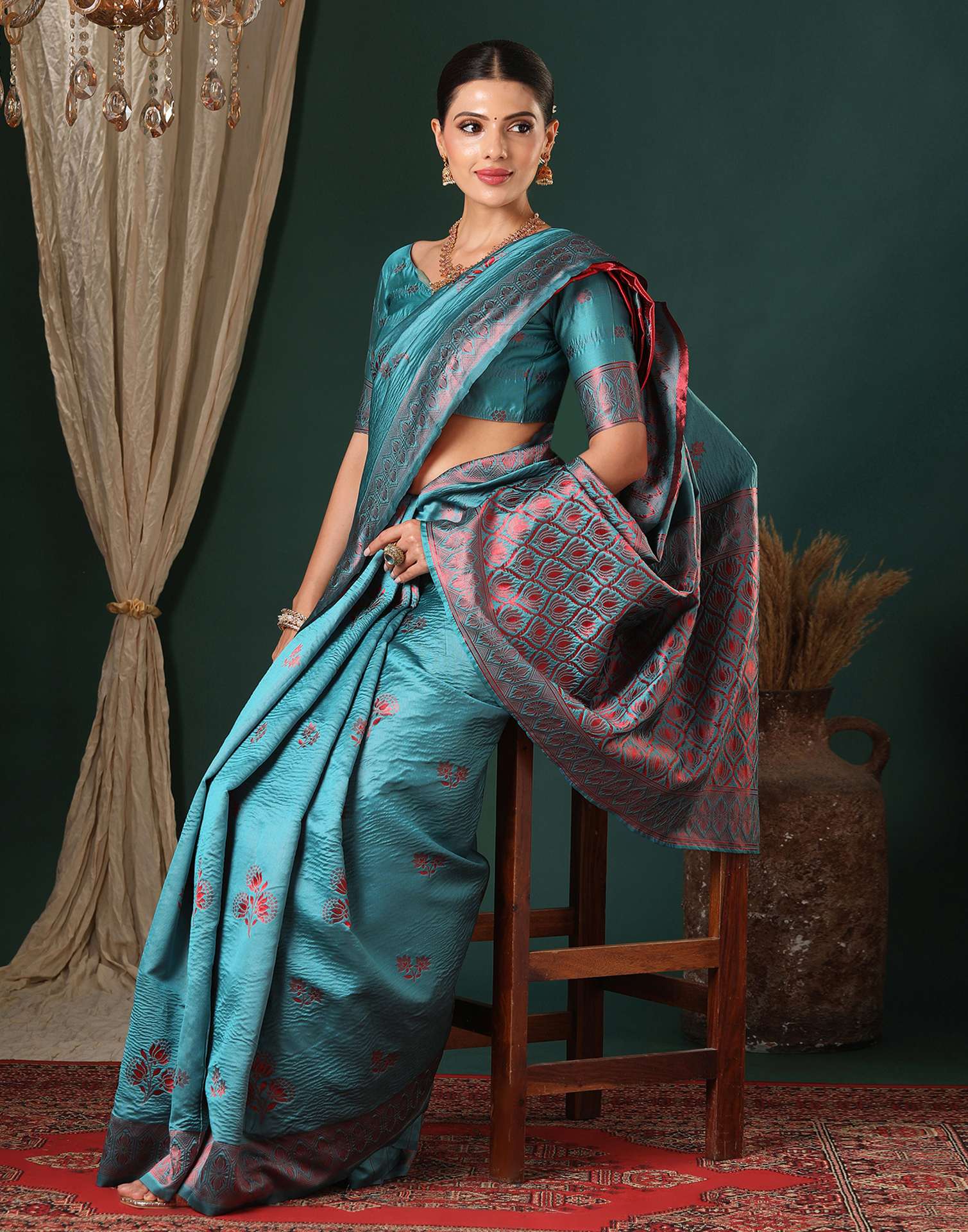 Teal Blue Silk Woven Saree
