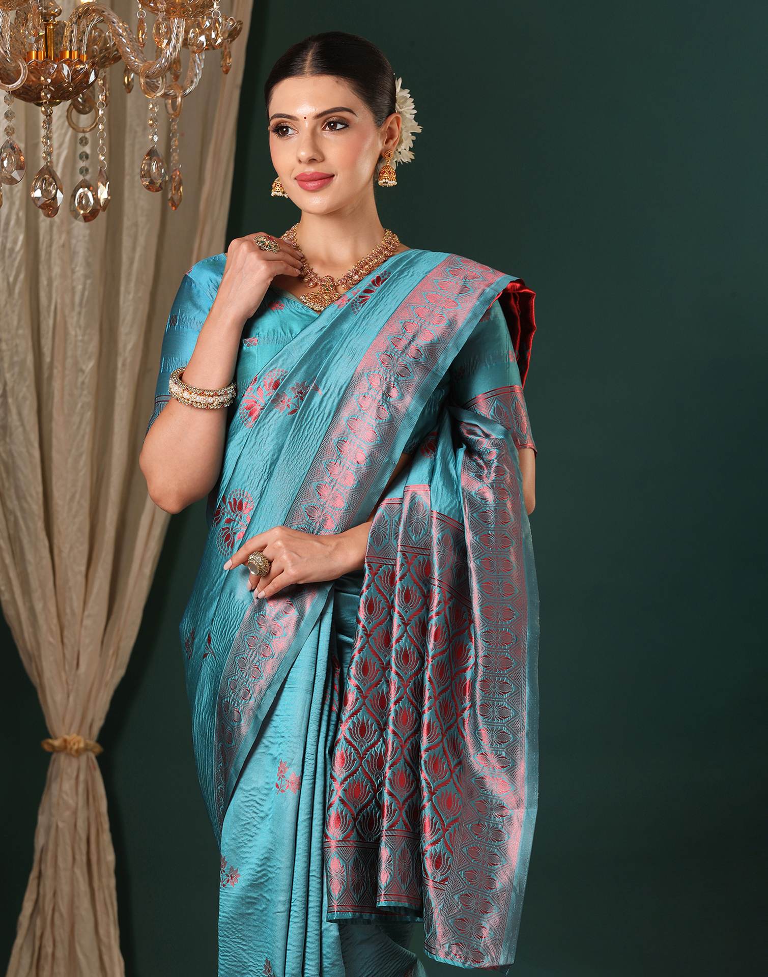Teal Blue Silk Woven Saree