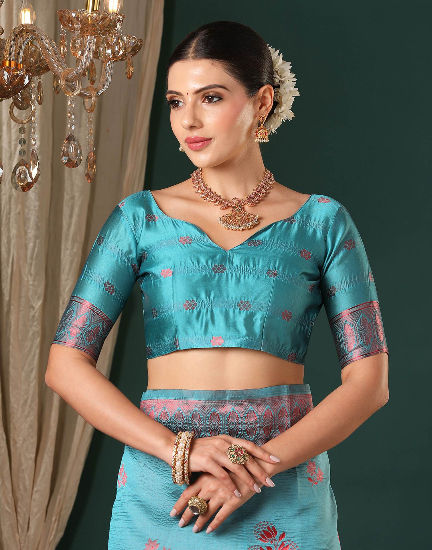 Teal Blue Silk Woven Saree