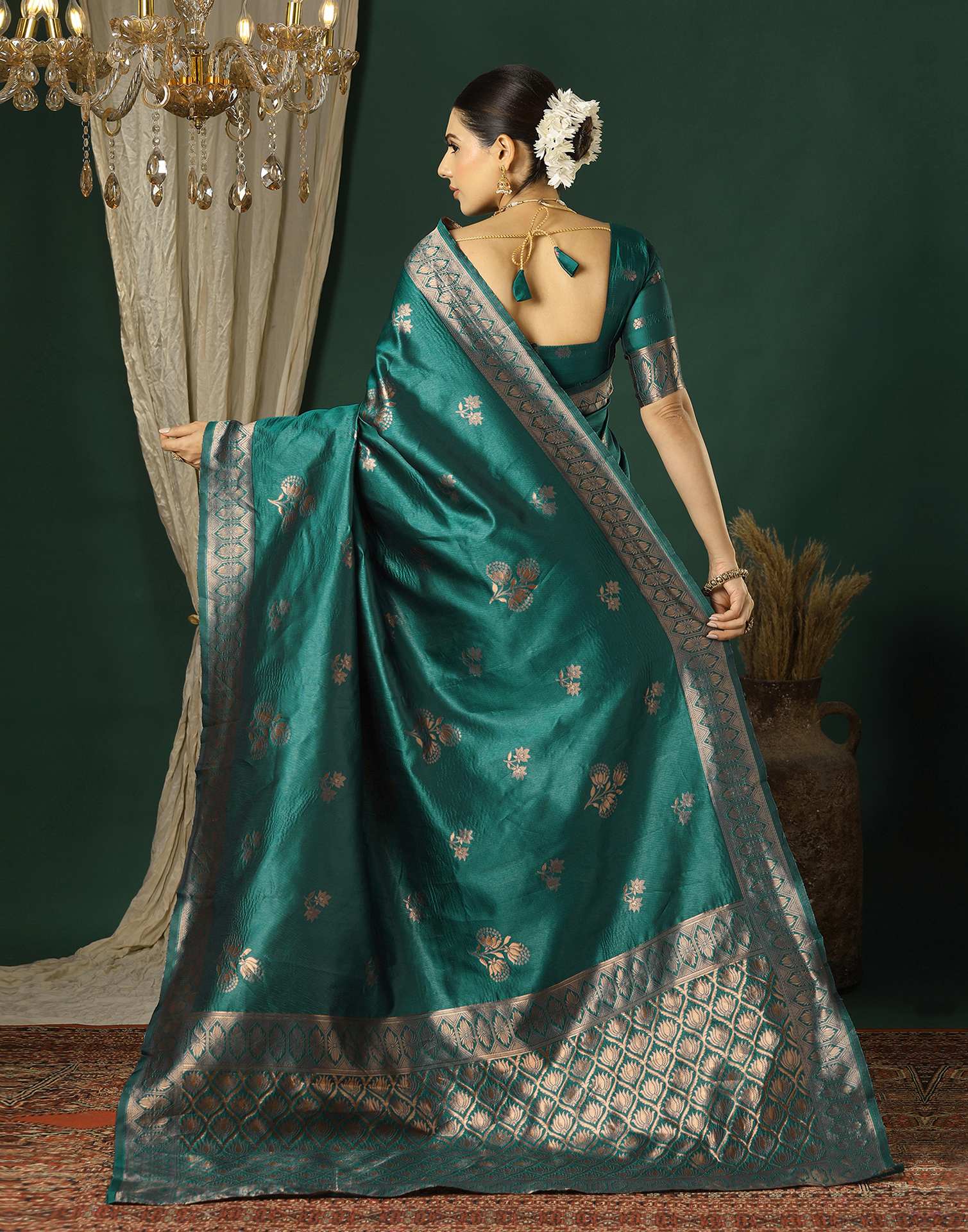 Teal Green Silk Woven Saree