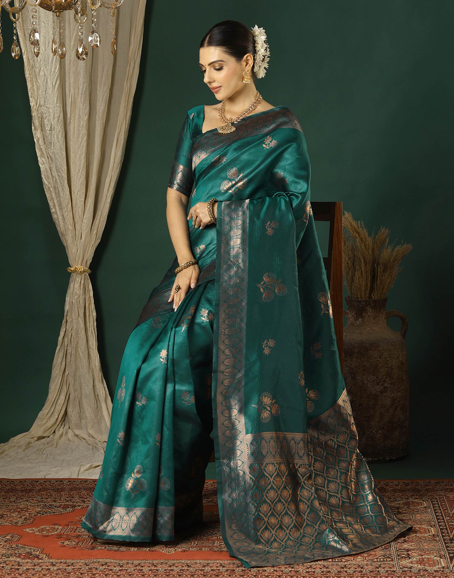 Teal Green Silk Woven Saree