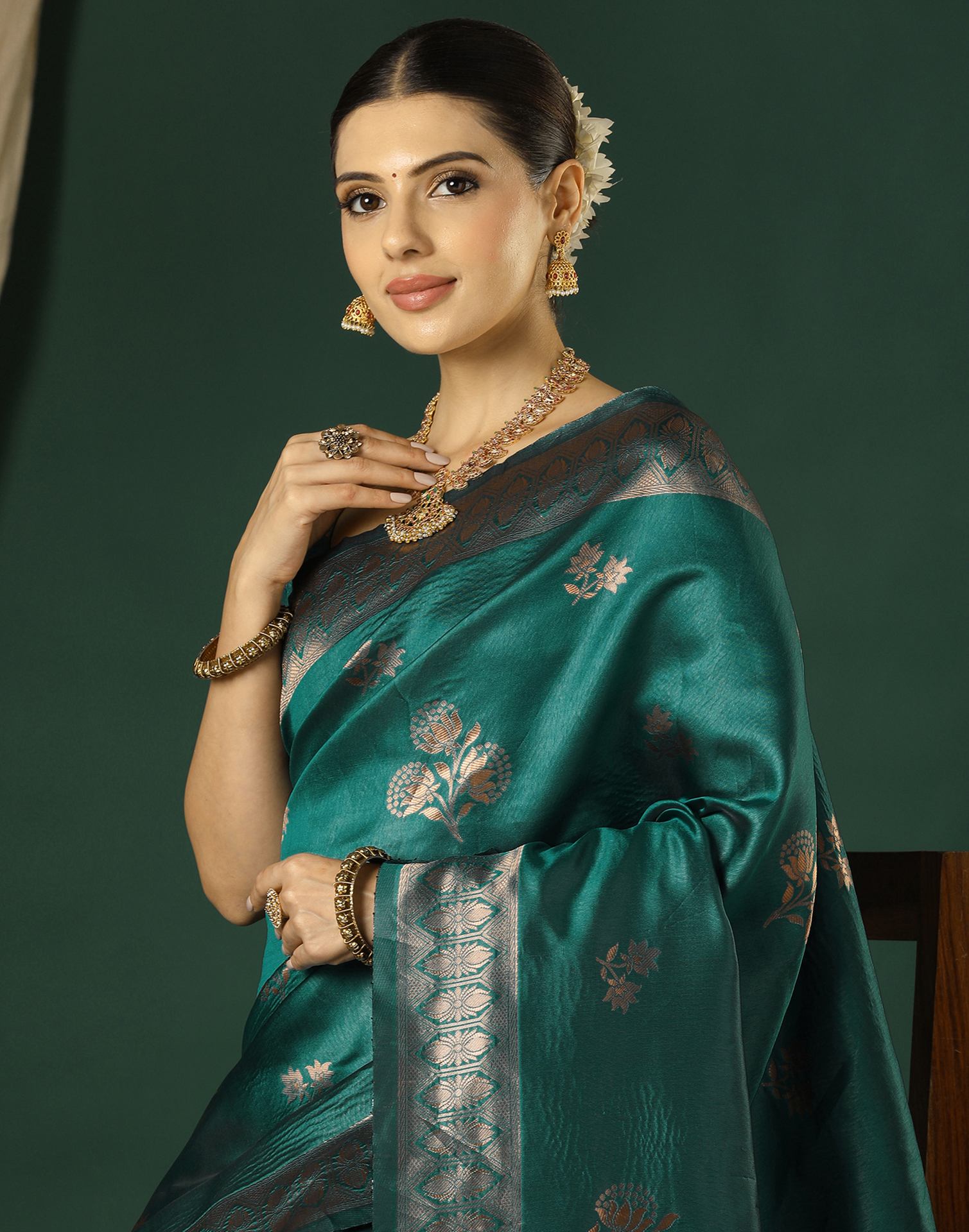Teal Green Silk Woven Saree