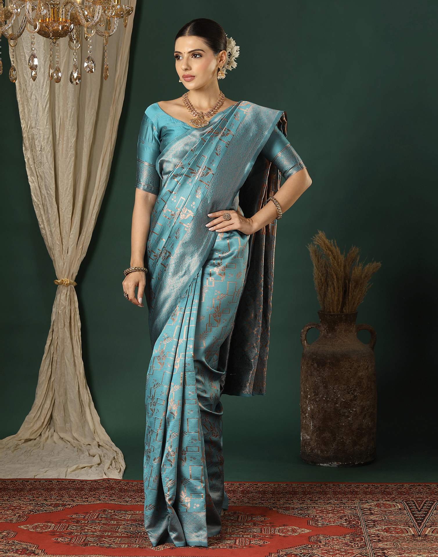 Dusty Blue Silk Woven Saree