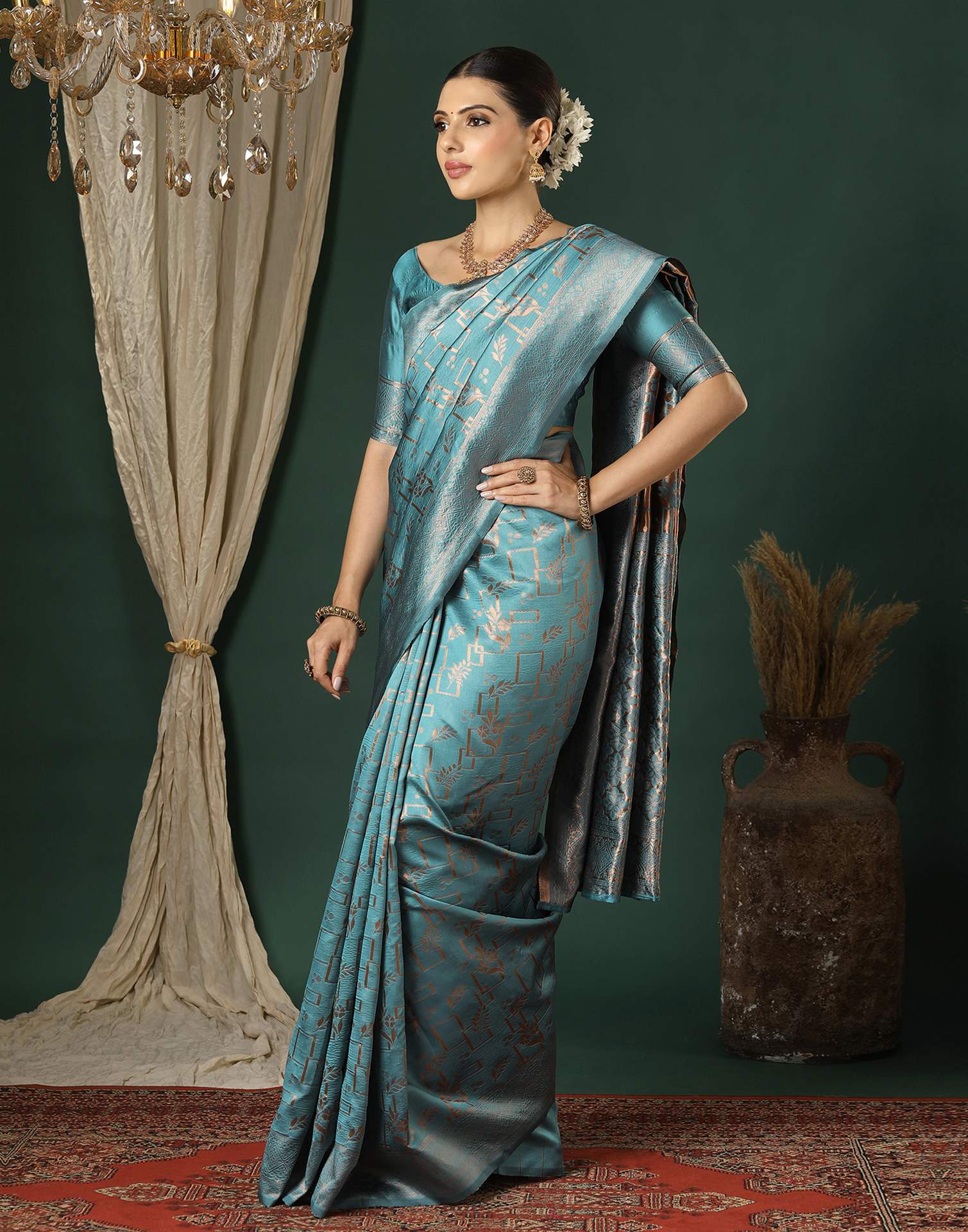 Dusty Blue Silk Woven Saree