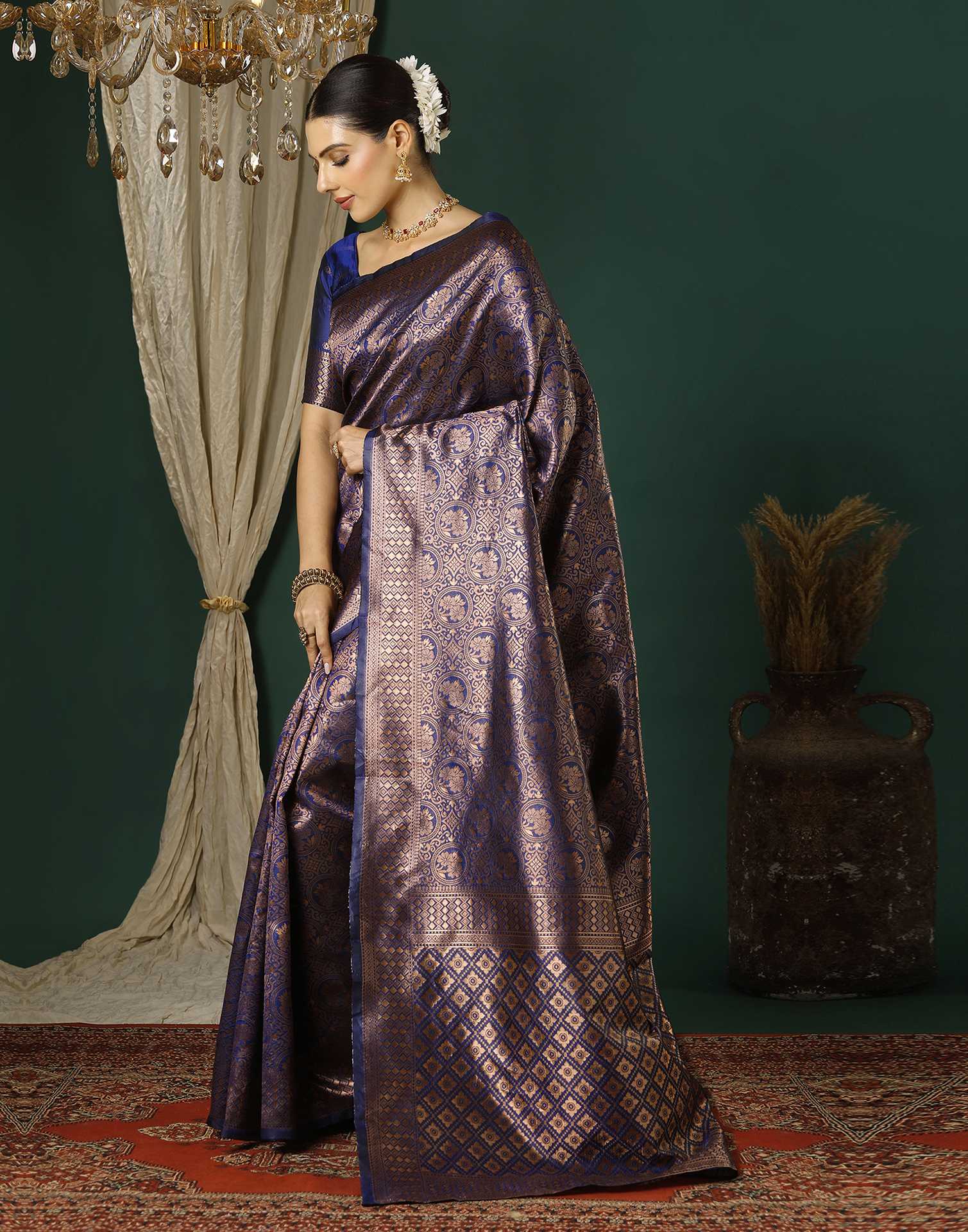 Navy Blue Silk Woven Saree