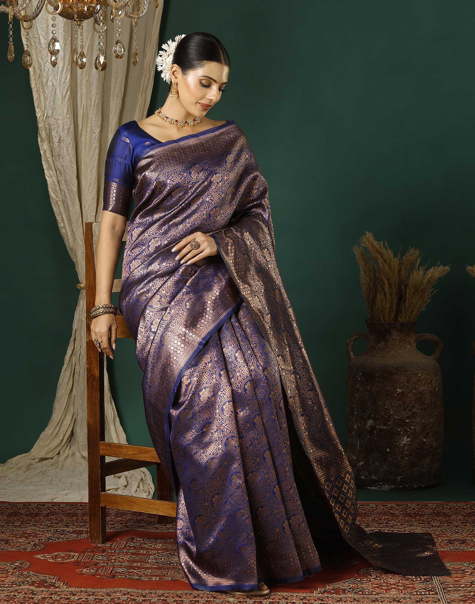 Navy Blue Silk Woven Saree