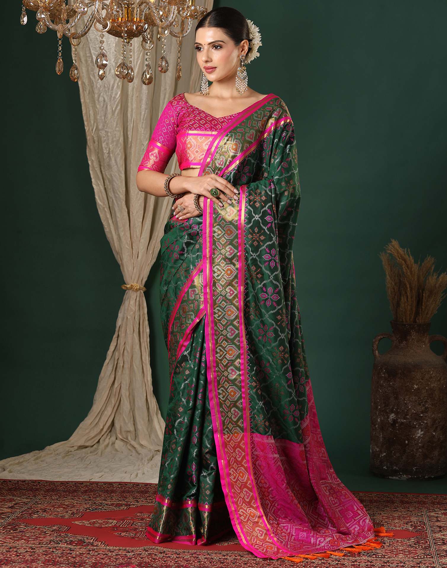 Dark Green Silk Patola Woven Saree