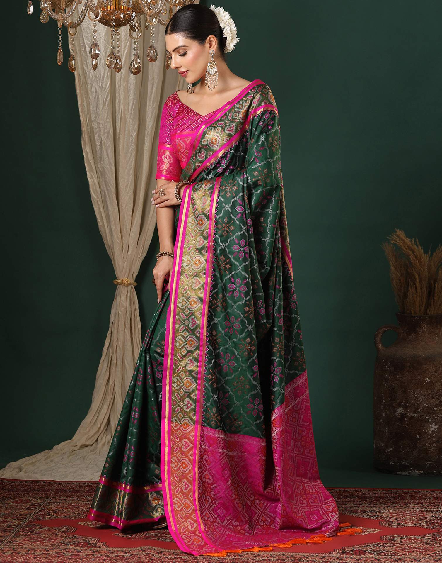 Dark Green Silk Patola Woven Saree
