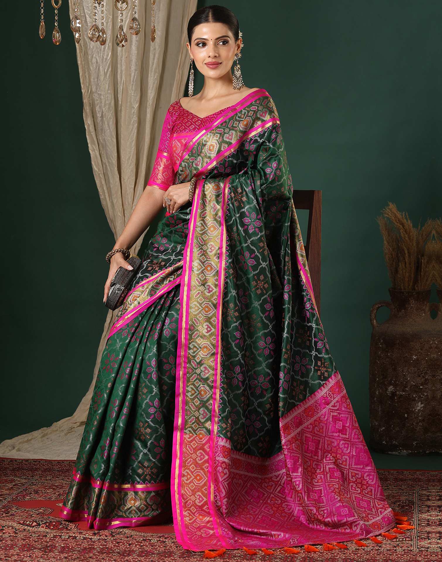 Dark Green Silk Patola Woven Saree