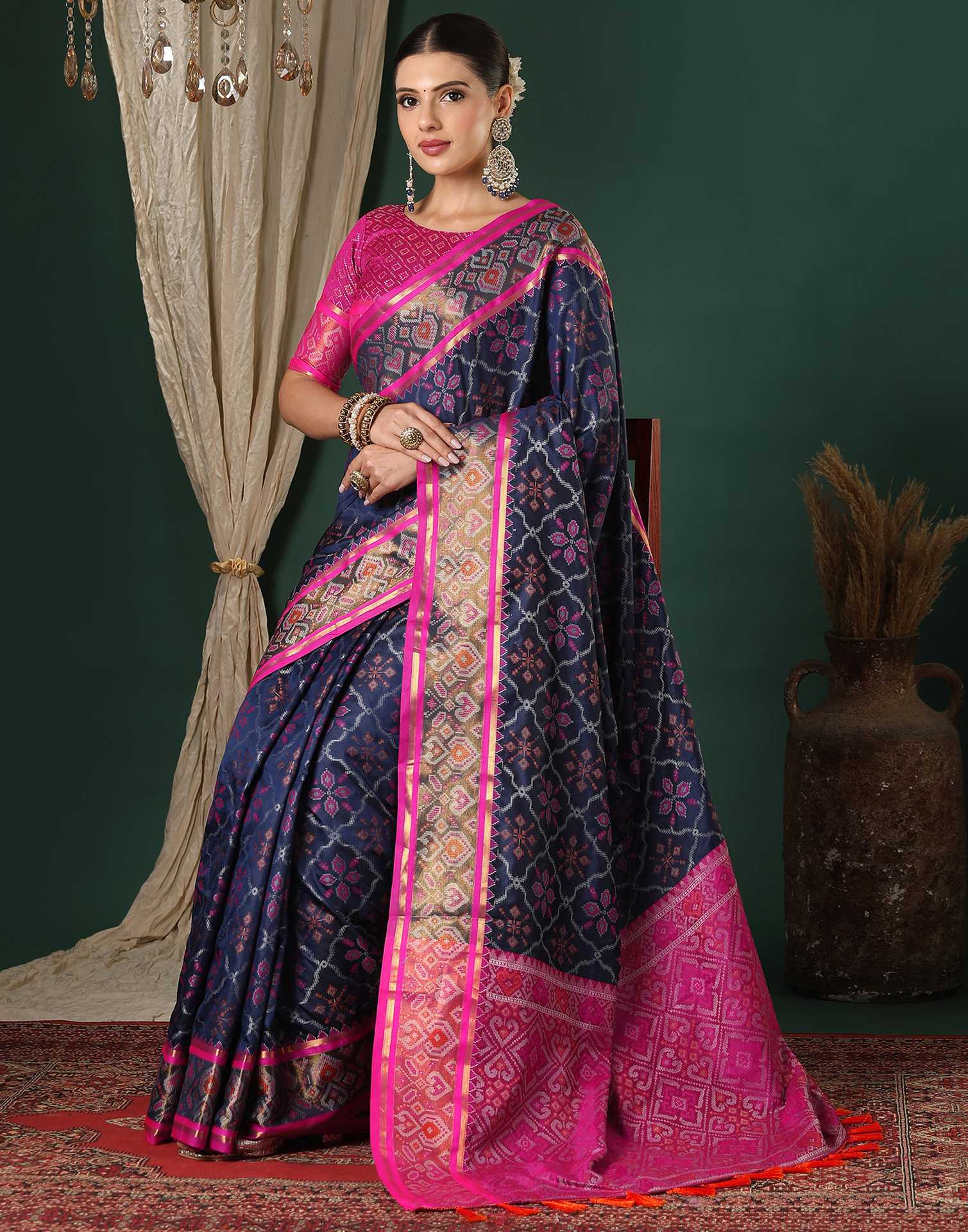 Navy Blue Silk Patola Woven Saree
