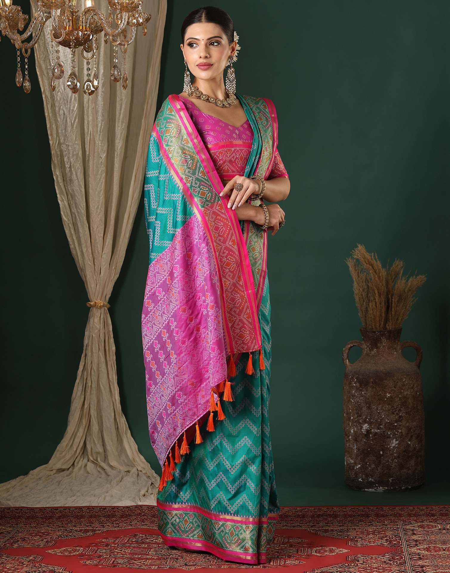 Teal Green Silk Patola Woven Saree