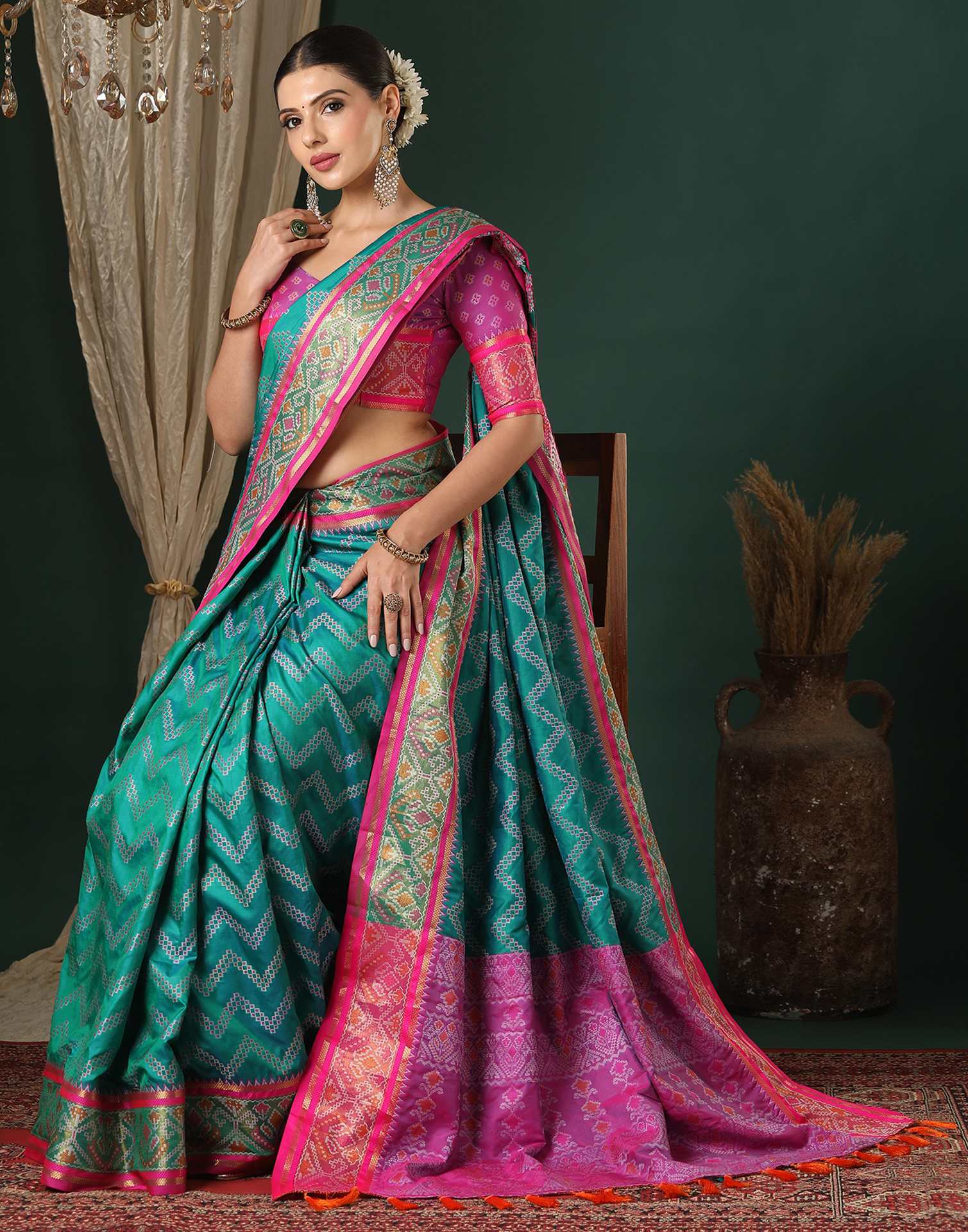 Teal Green Silk Patola Woven Saree