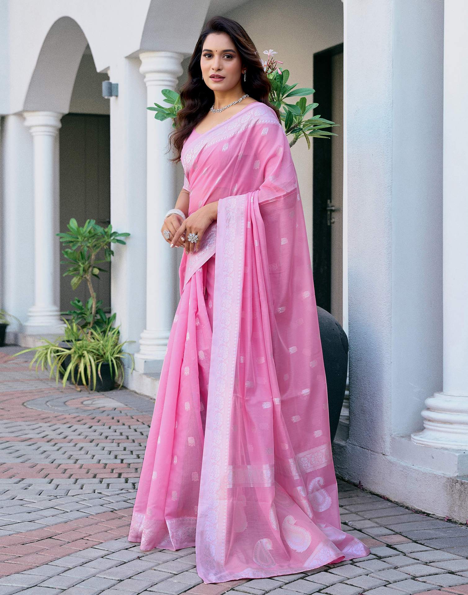 Light Pink Chanderi Woven Saree